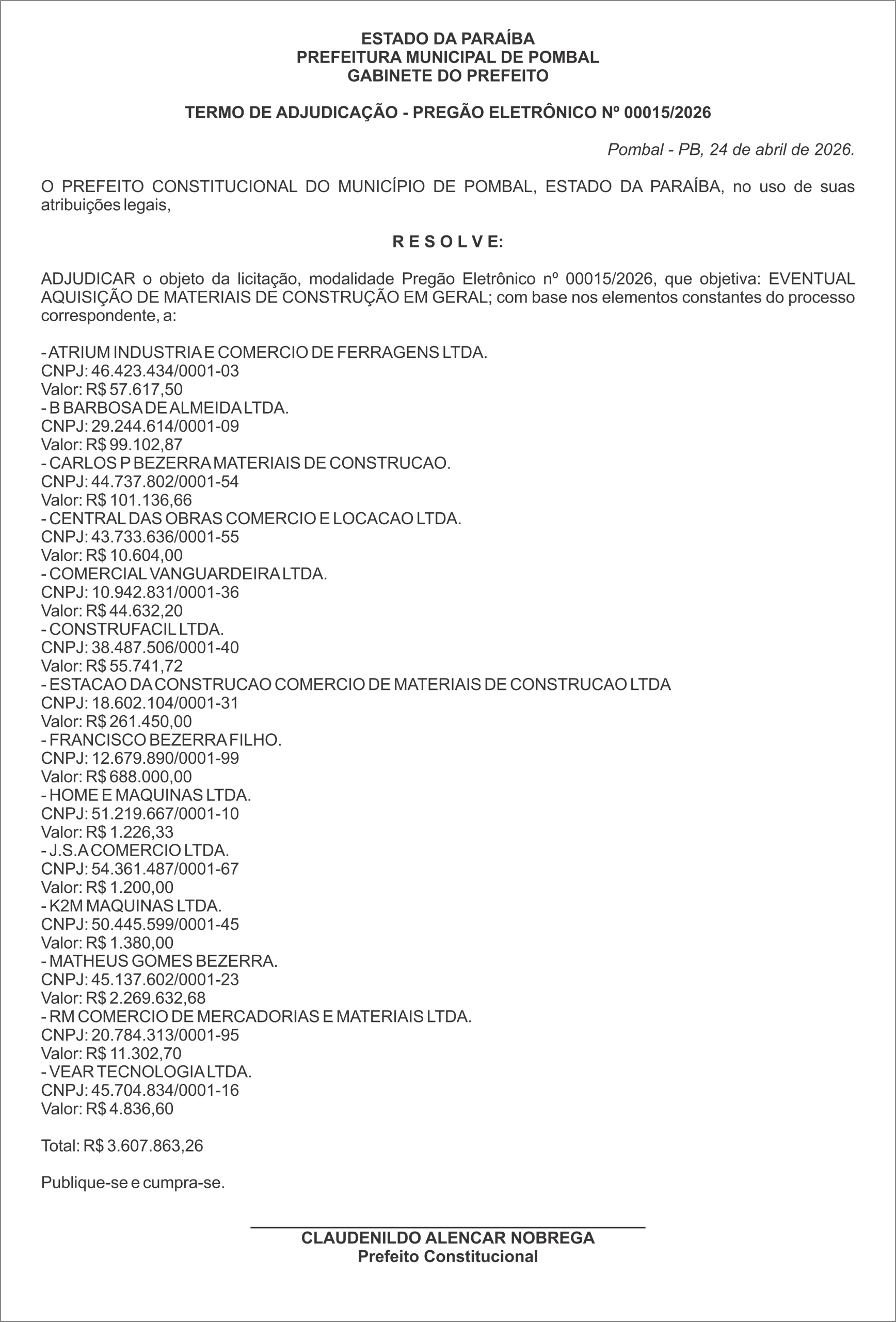PREFEITURA MUNICIPAL DE POMBAL – TERMO DE ADJUDICAÇÃO – PREGÃO ELETRÔNICO Nº 00015/2026