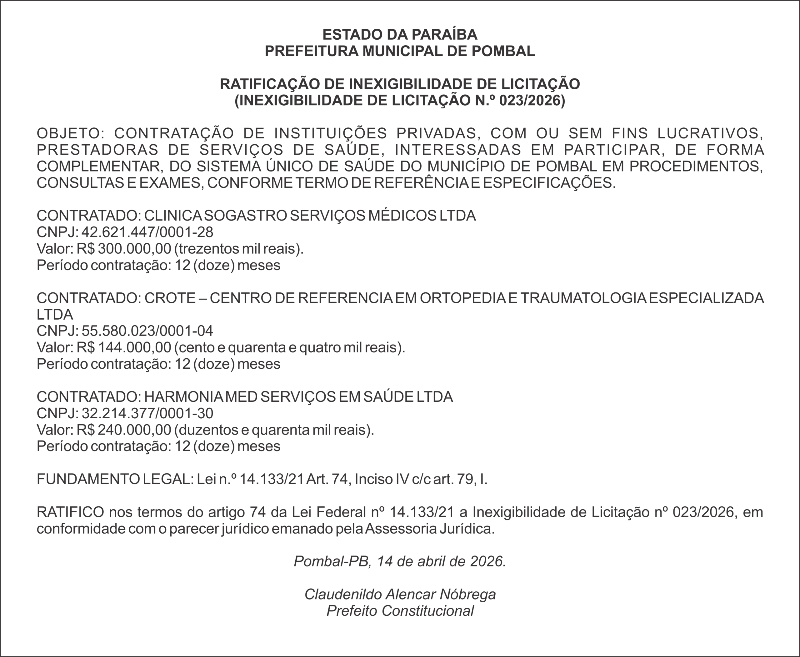 PREFEITURA MUNICIPAL DE POMBAL –  RATIFICAÇÃO DE INEXIGIBILIDADE DE LICITAÇÃO