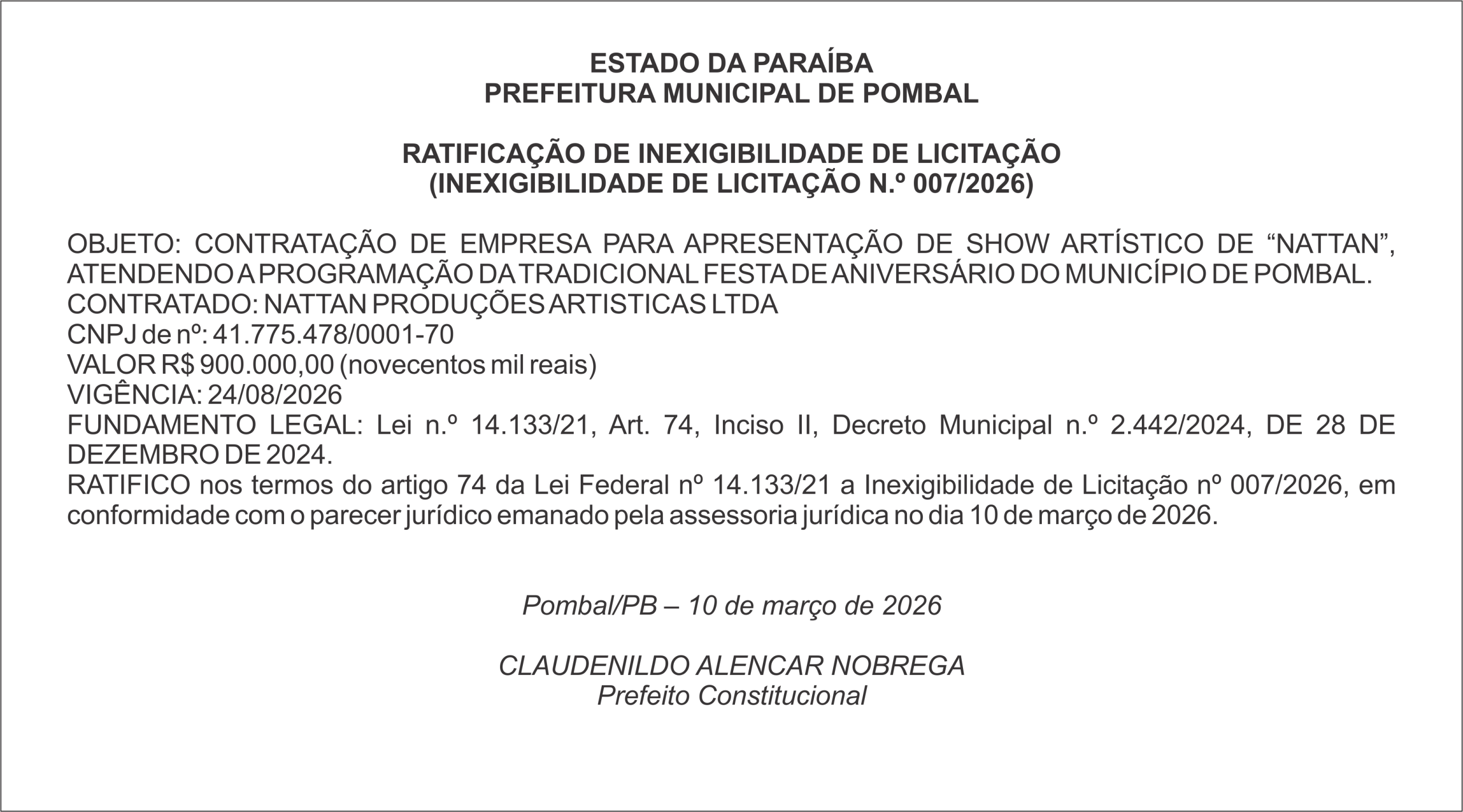 PREFEITURA MUNICIPAL DE POMBAL – RATIFICAÇÃO DE INEXIGIBILIDADE DE LICITAÇÃO (INEXIGIBILIDADE DE LICITAÇÃO N.º 007/2026)