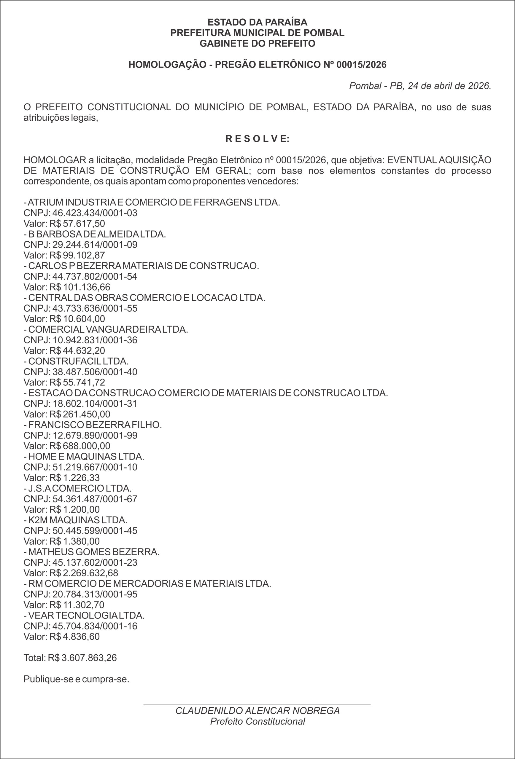 PREFEITURA MUNICIPAL DE POMBAL – HOMOLOGAÇÃO – PREGÃO ELETRÔNICO Nº 00015/2026
