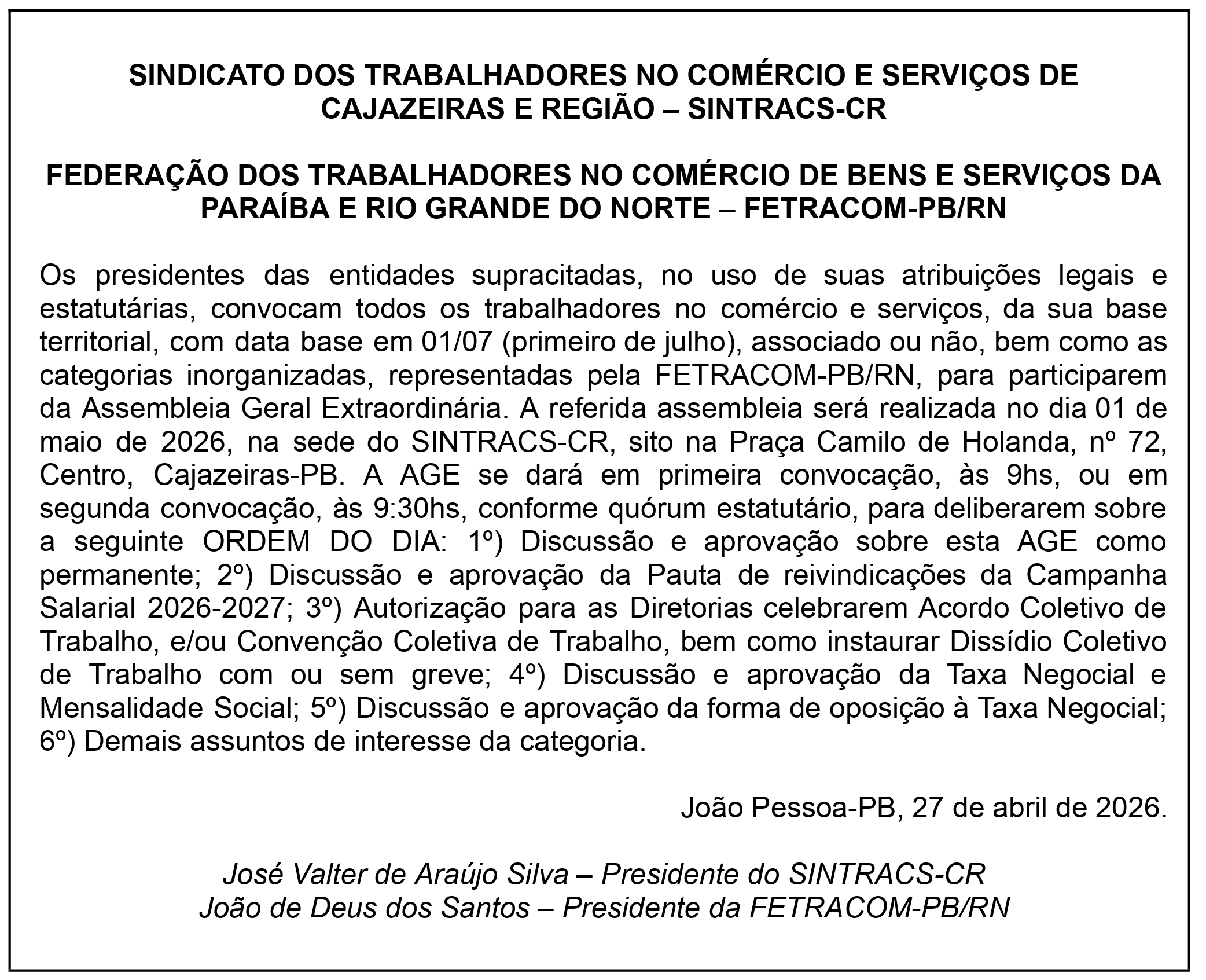 SINTRACS-CR / FETRACOM-PB/RN – ASSEMBLEIA GERAL EXTRAORDINÁRIA