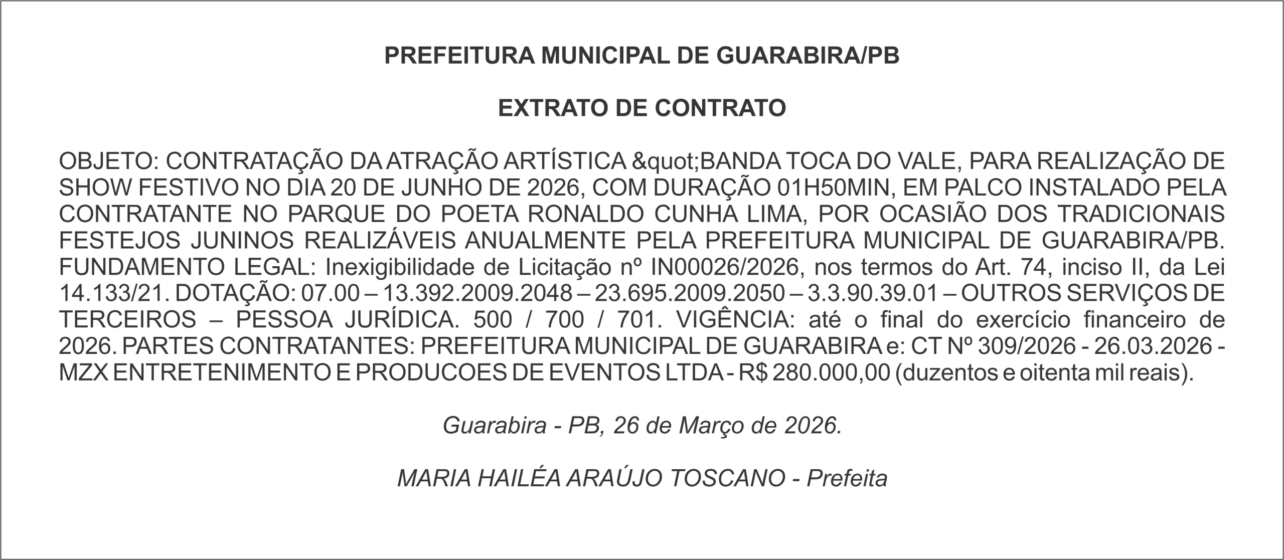 PREFEITURA MUNICIPAL DE GUARABIRA/PB – EXTRATO DE CONTRATO