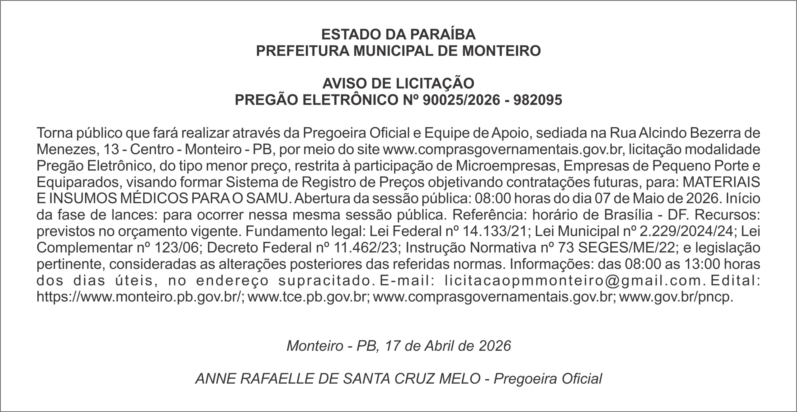 PREFEITURA MUNICIPAL DE MONTEIRO – AVISO DE LICITAÇÃO – PREGÃO ELETRÔNICO Nº 90025/2026 – 982095