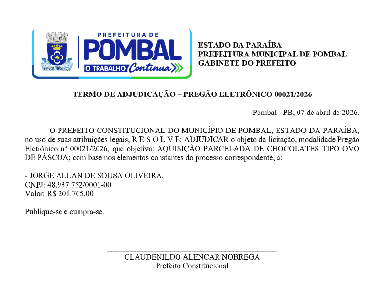 PREFEITURA MUNICIPAL DE POMBAL – TERMO DE ADJUDICAÇÃO – PREGÃO ELETRÔNICO 00021/2026