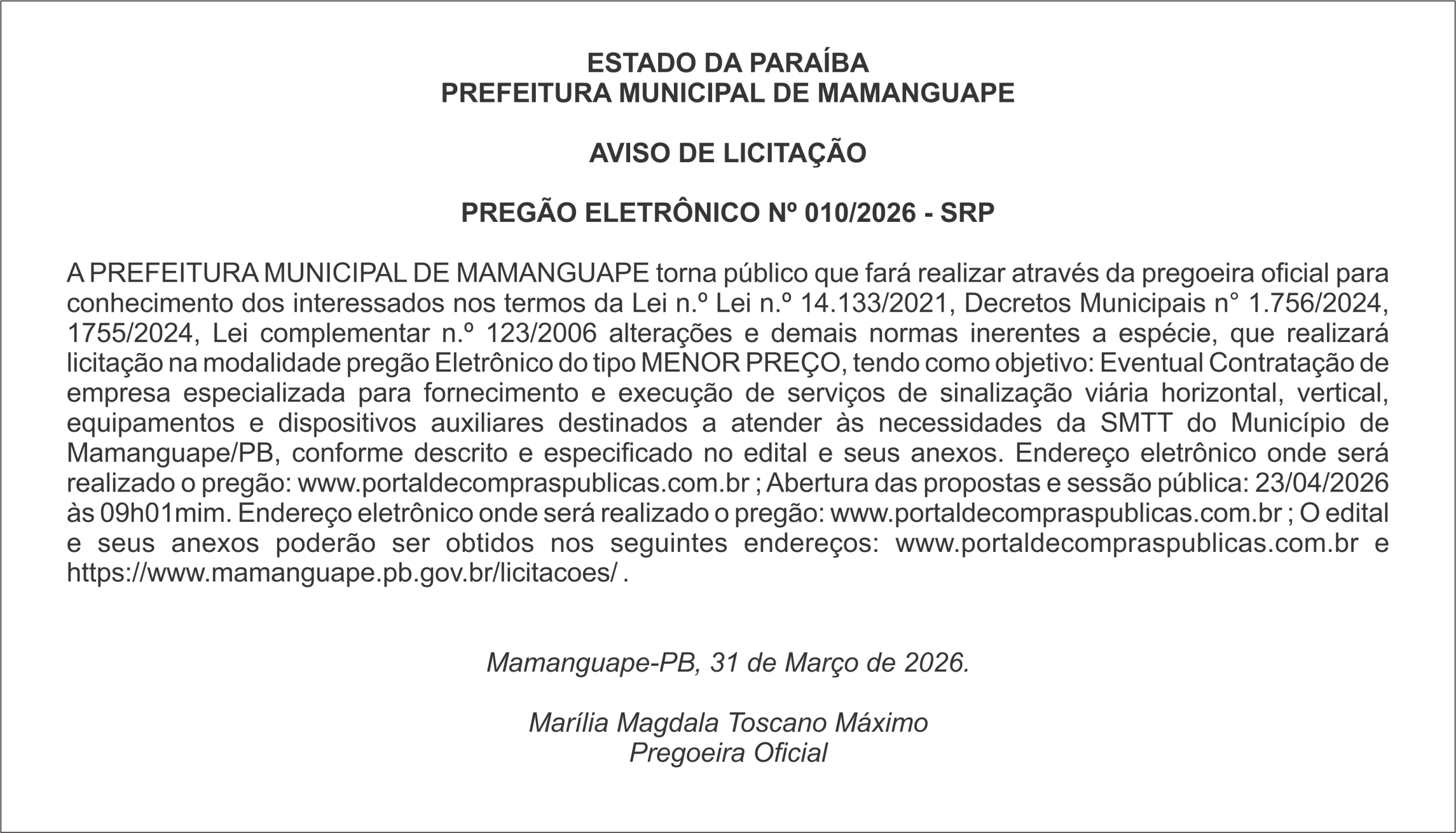 PREFEITURA MUNICIPAL DE MAMANGUAPE-  AVISO DE LICITAÇÃO – PREGÃO ELETRÔNICO Nº 010/2026 – SRP