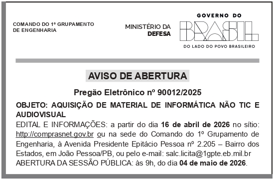 CMDO 1º GPTE – JOÃO PESSOA – PB – COMANDO DO 1º GRUPAMENTO DE ENGENHARIA – Abertura Pregão 90012/2025