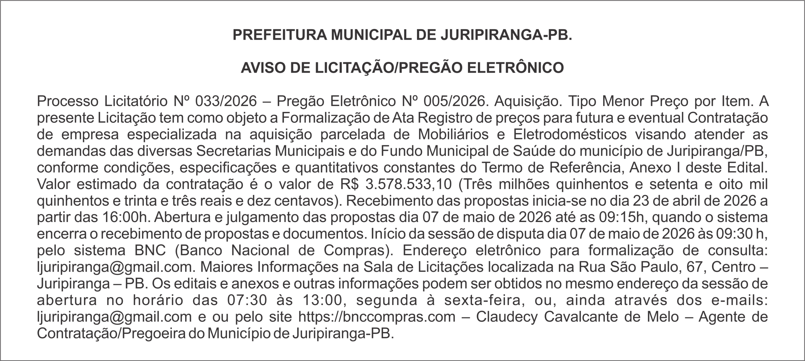 PREFEITURA MUNICIPAL DE JURIPIRANGA-PB – AVISO DE LICITAÇÃO/PREGÃO ELETRÔNICO