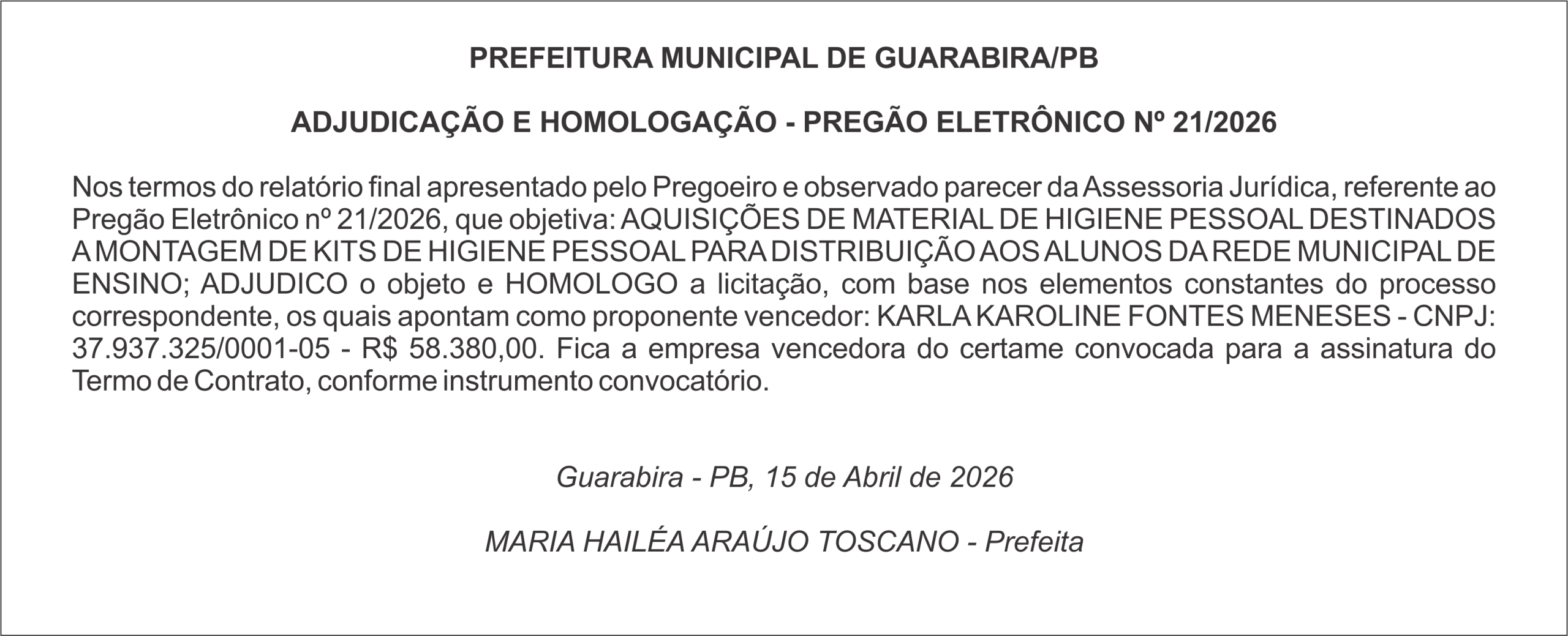 PREFEITURA MUNICIPAL DE GUARABIRA/PB – ADJUDICAÇÃO E HOMOLOGAÇÃO – PREGÃO ELETRÔNICO Nº 21/2026
