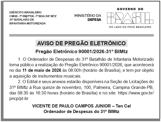 CMDO – 31° B INF MTZ – PB Campina Grande – Aviso de licitação (Pregão eletrônico – 90001/2026 – 31oBIMTz)