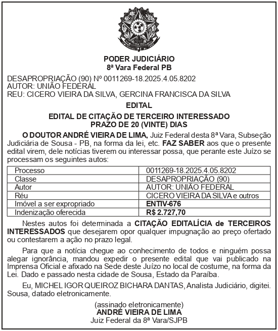 SECRETARIA NACIONAL DE SEGURANÇA HIDRICA – SNSH – MDR – DF – BRASÍLIA – Edital de Citação de Terceiro Interessado – ENTIV-676 (CICERO VIEIRA DA SILVA)
