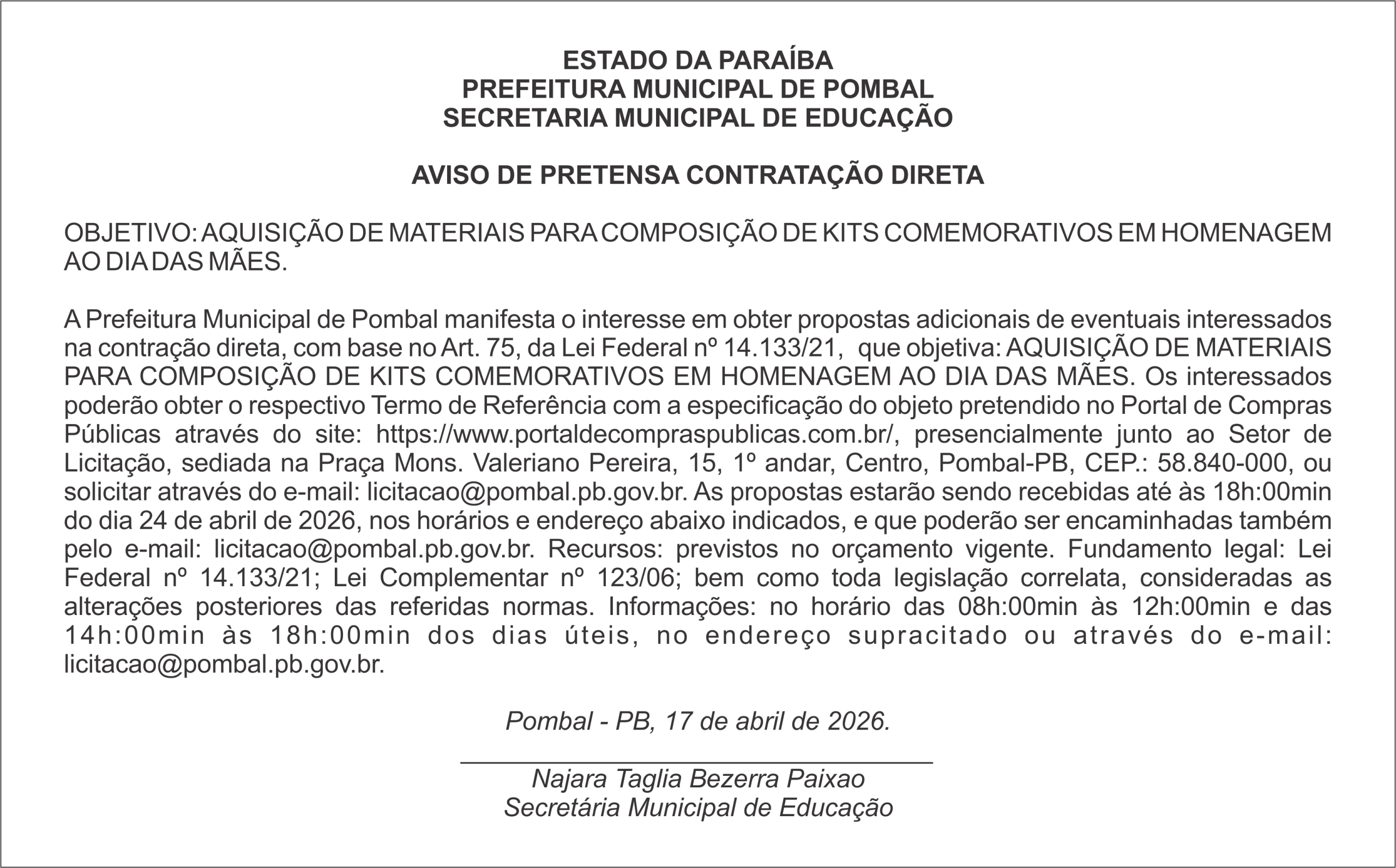PREFEITURA MUNICIPAL DE POMBAL – AVISO DE PRETENSA CONTRATAÇÃO DIRETA