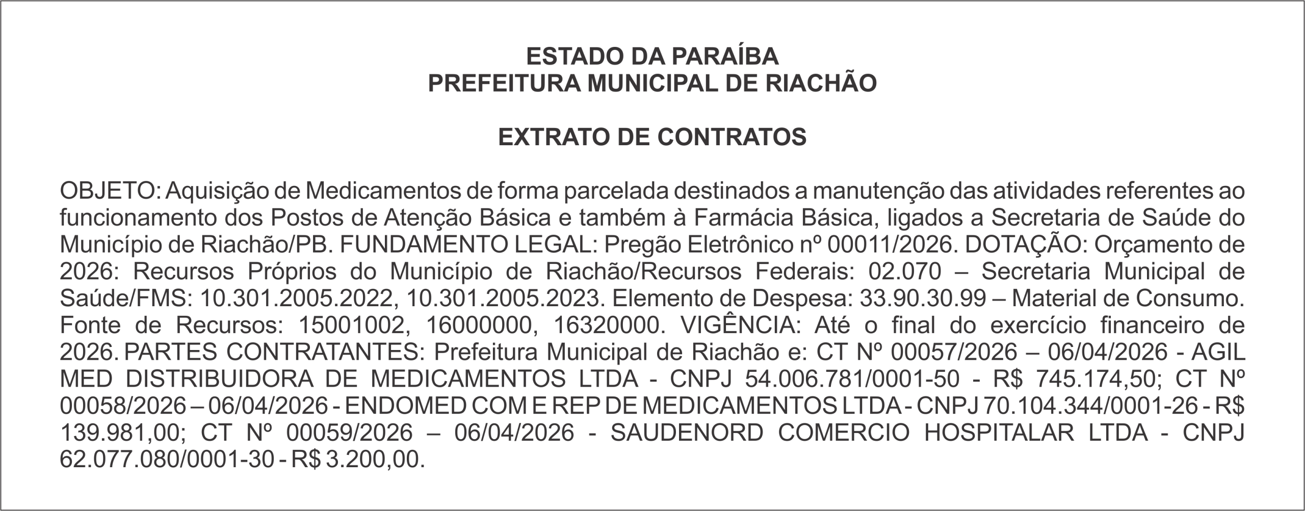 PREFEITURA MUNICIPAL DE RIACHÃO – EXTRATO DE CONTRATOS