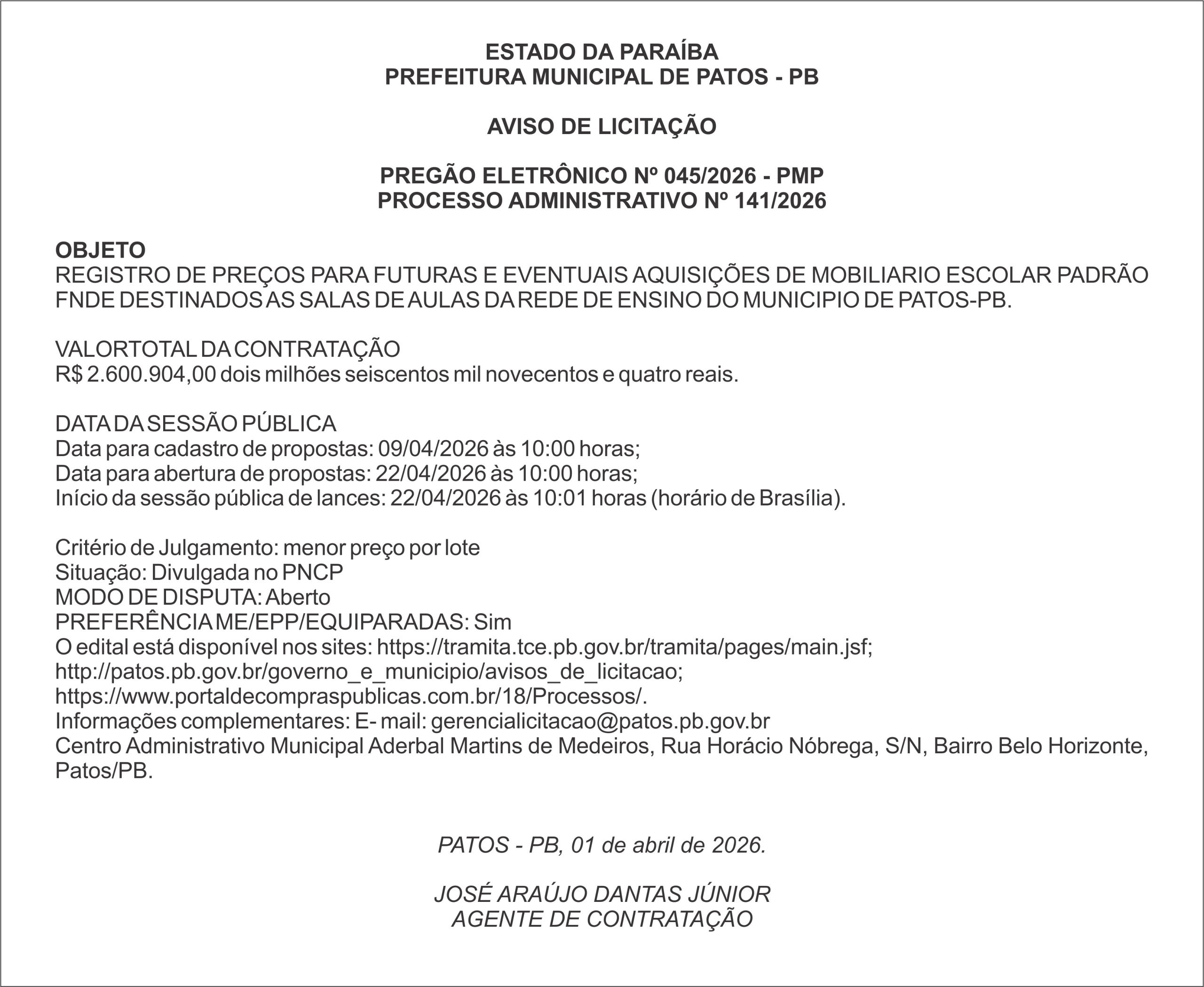 PREFEITURA MUNICIPAL DE PATOS – PB PREGÃO ELETRÔNICO Nº 045/2026 – PMP