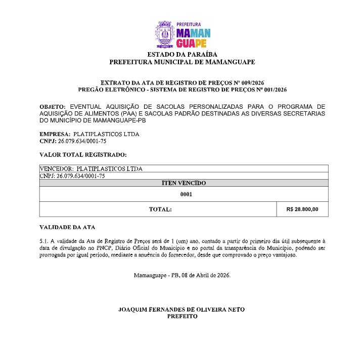 PREFEITURA MUNICIPAL DE MAMANGUAPE – EXTRATO DA ATA DE REGISTRO DE PREÇOS Nº 009/2026