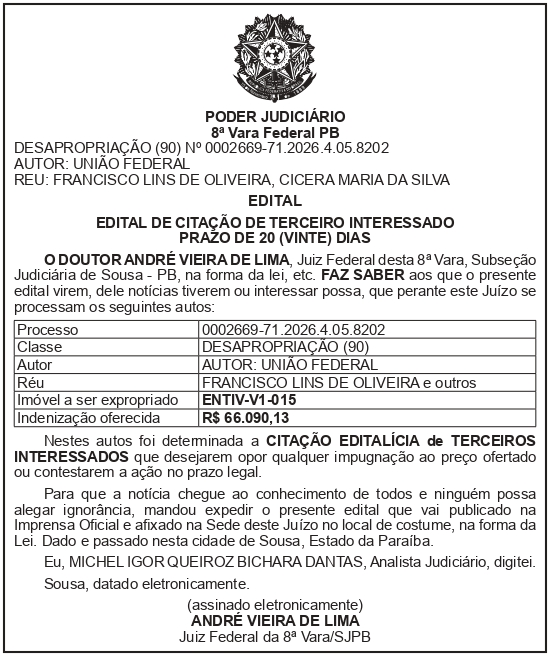 SECRETARIA NACIONAL DE SEGURANÇA HIDRICA – SNSH – MDR – DF – BRASÍLIA – Edital de Citação de Terceiro Interessado – ENTIV-V1-015 (FRANCISCO LINS DE OLIVEIRA)