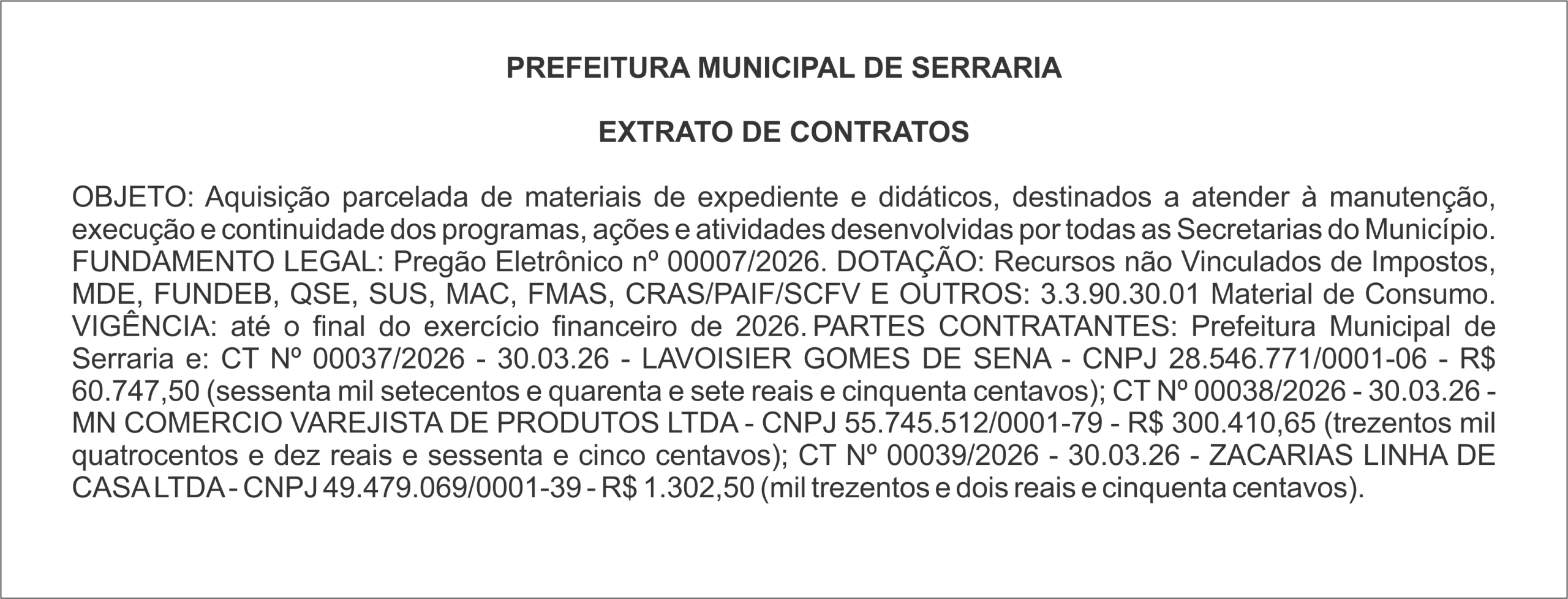 PREFEITURA MUNICIPAL DE SERRARIA – EXTRATO DE CONTRATOS