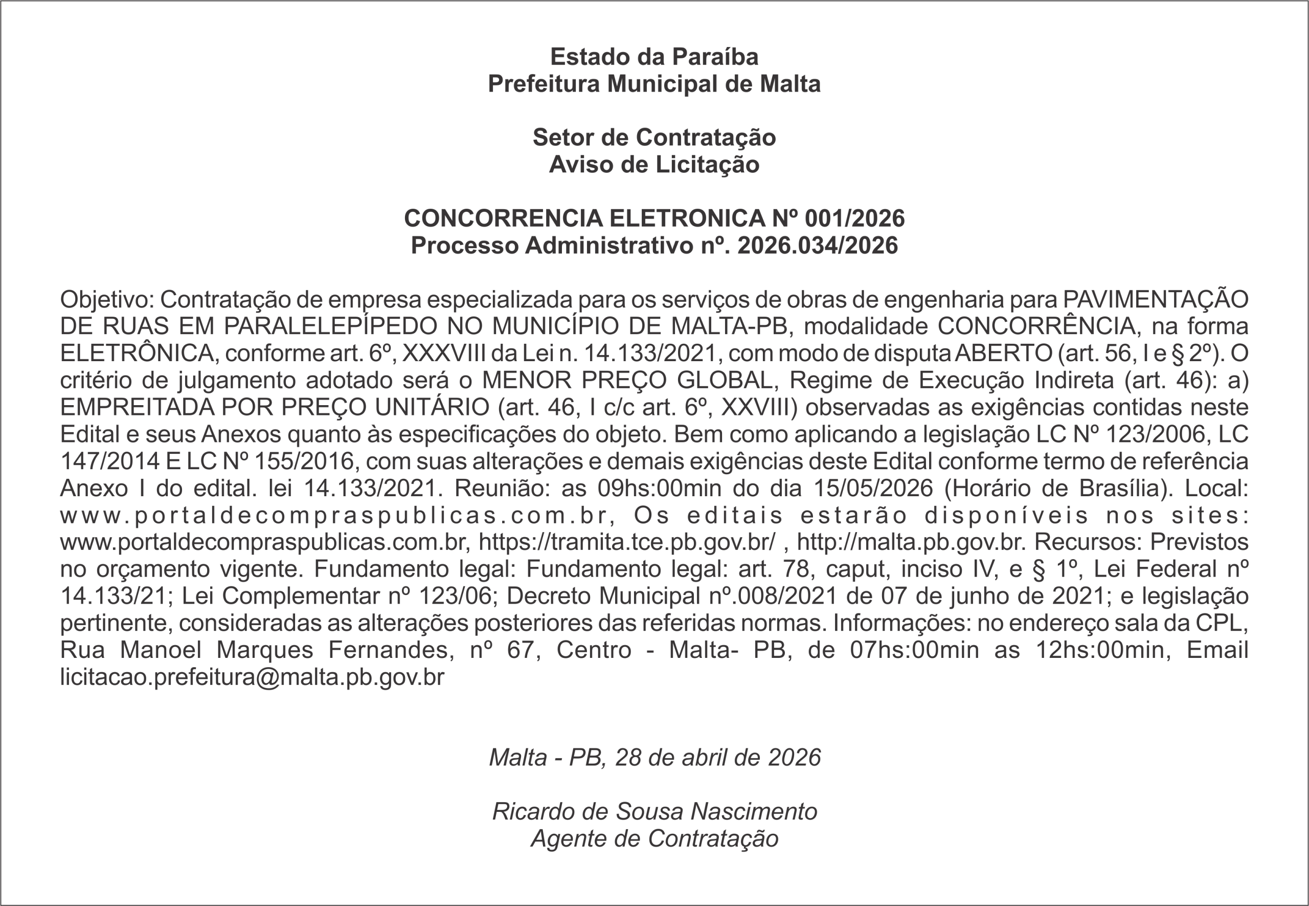 PREFEITURA DE MALTA  – CONCORRENCIA ELETRONICA Nº 001/2026