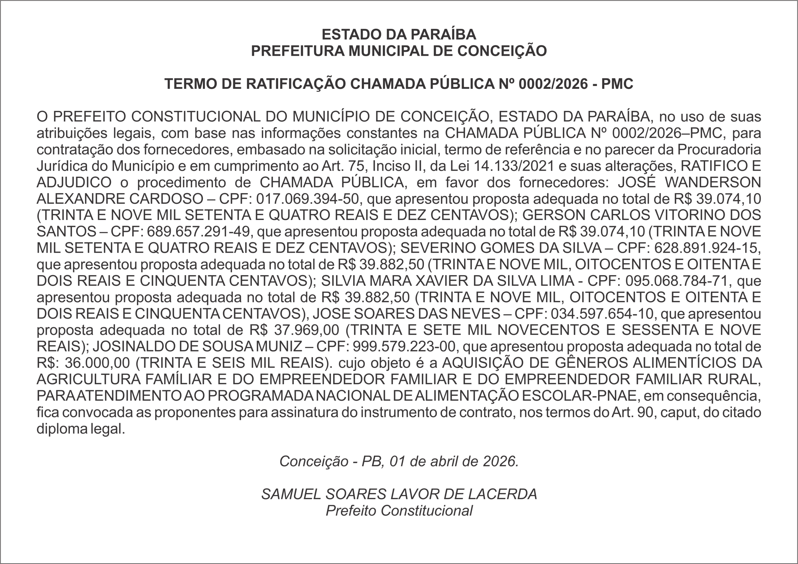 PREFEITURA MUNICIPAL DE CONCEIÇÃO – TERMO DE RATIFICAÇÃO CHAMADA PÚBLICA Nº 0002/2026 – PMC