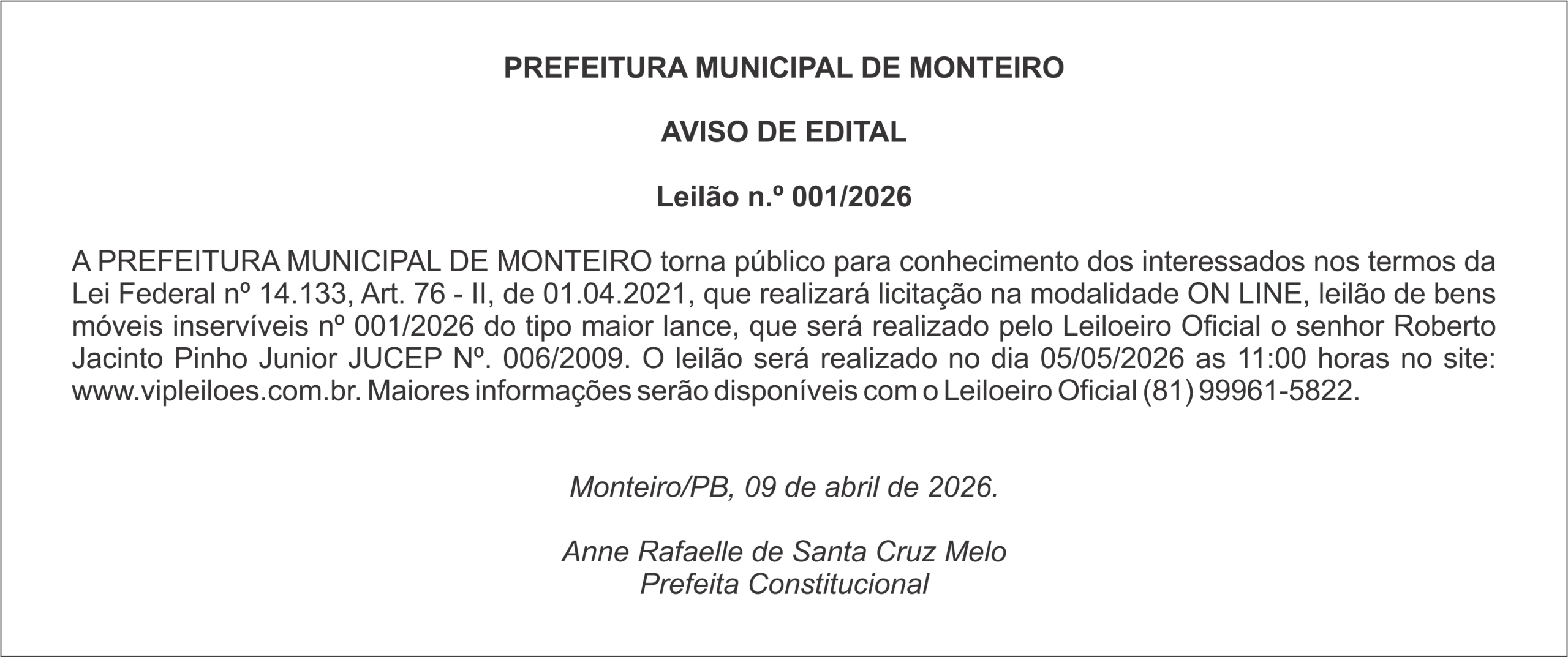 PREFEITURA DE MONTEIRO – AVISO DE EDITAL