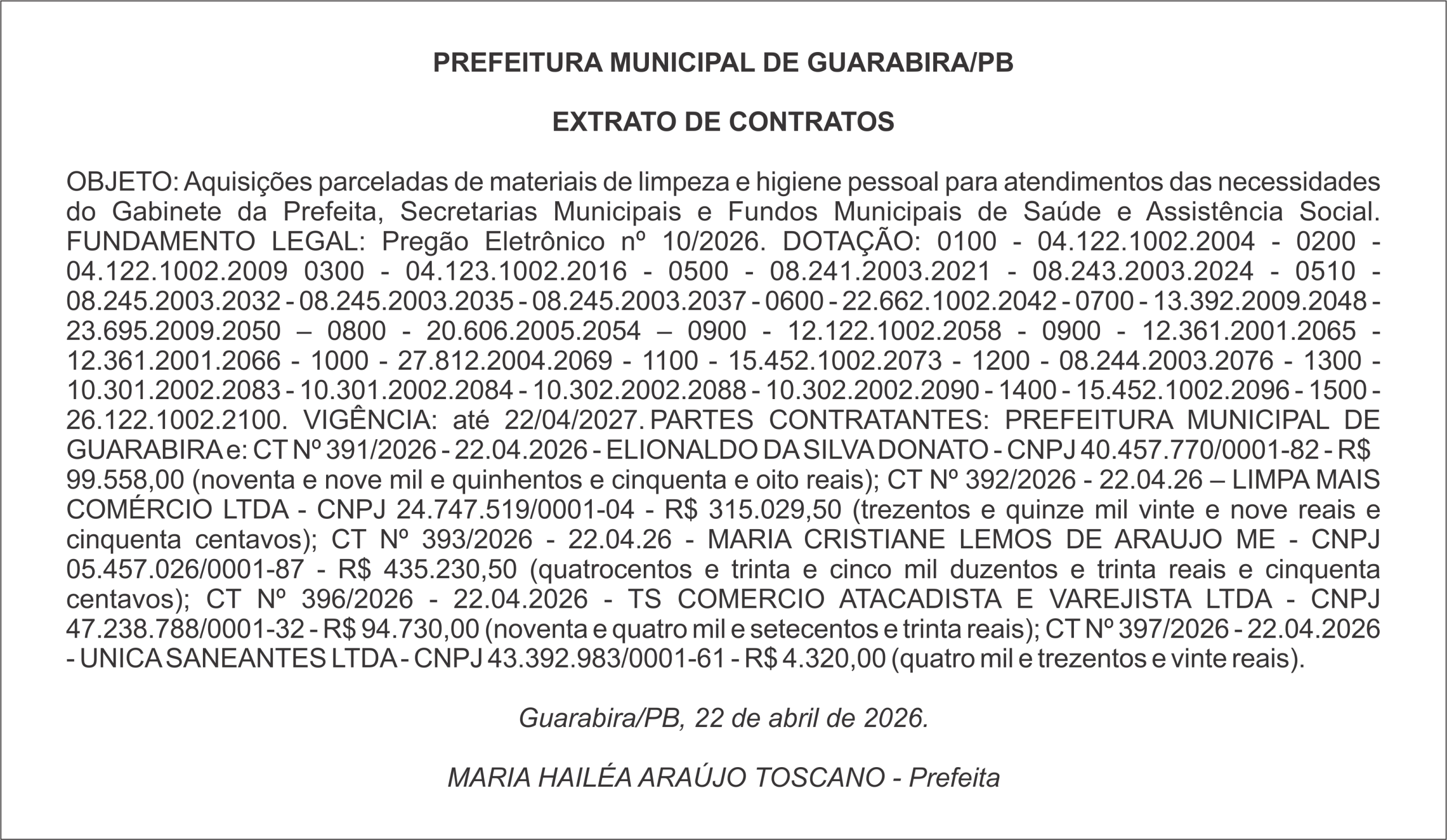 PREFEITURA MUNICIPAL DE GUARABIRA/PB – EXTRATO DE CONTRATOS