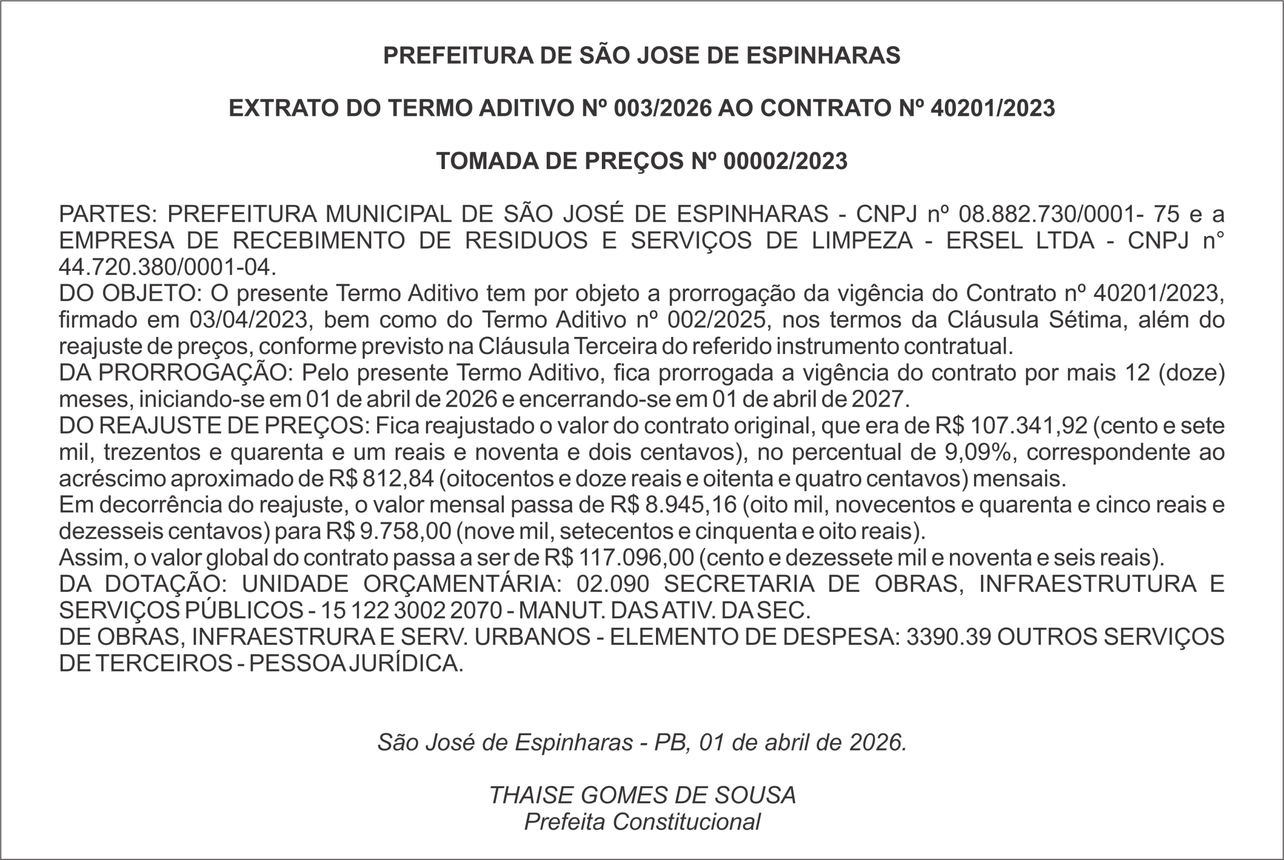 PREFEITURA DE SÃO JOSE DE ESPINHARAS – EXTRATO DO TERMO ADITIVO Nº 003/2026 AO CONTRATO Nº 40201/2023