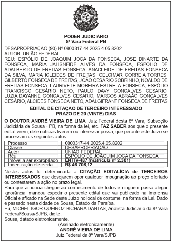 SECRETARIA NACIONAL DE SEGURANÇA HIDRICA – SNSH – MDR – DF – BRASÍLIA – Edital de Citação de Terceiro Interessado – ENTIV-487 (ESPÓLIO DE JOAQUIM JOCA DA FONSECA)