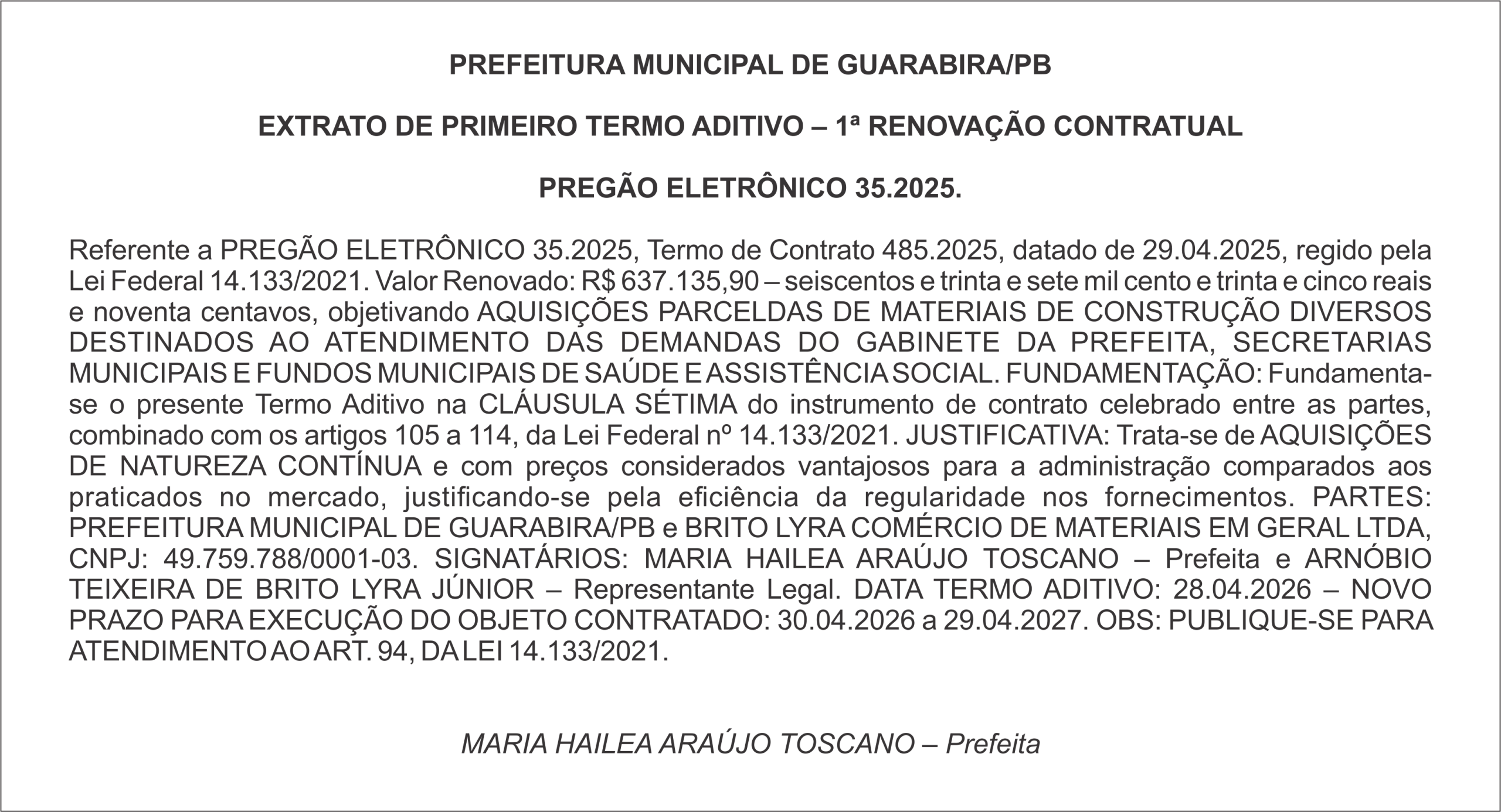 PREFEITURA MUNICIPAL DE GUARABIRA/PB – EXTRATO DE PRIMEIRO TERMO ADITIVO – 1ª RENOVAÇÃO CONTRATUAL  – PREGÃO ELETRÔNICO 35.2025.