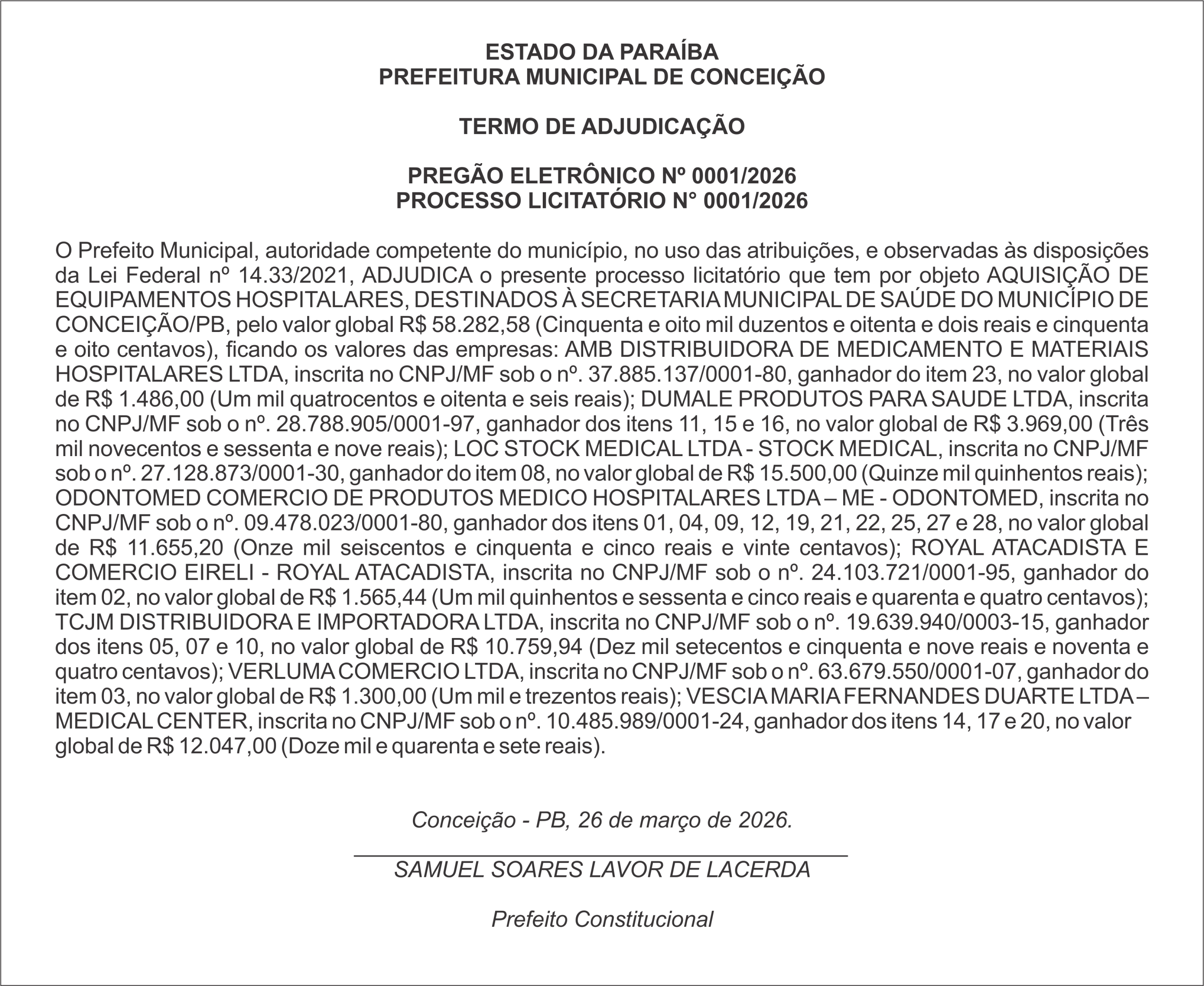 PREFEITURA MUNICIPAL DE CONCEIÇÃO – TERMO DE ADJUDICAÇÃO  PREGÃO ELETRÔNICO Nº 0001/2026