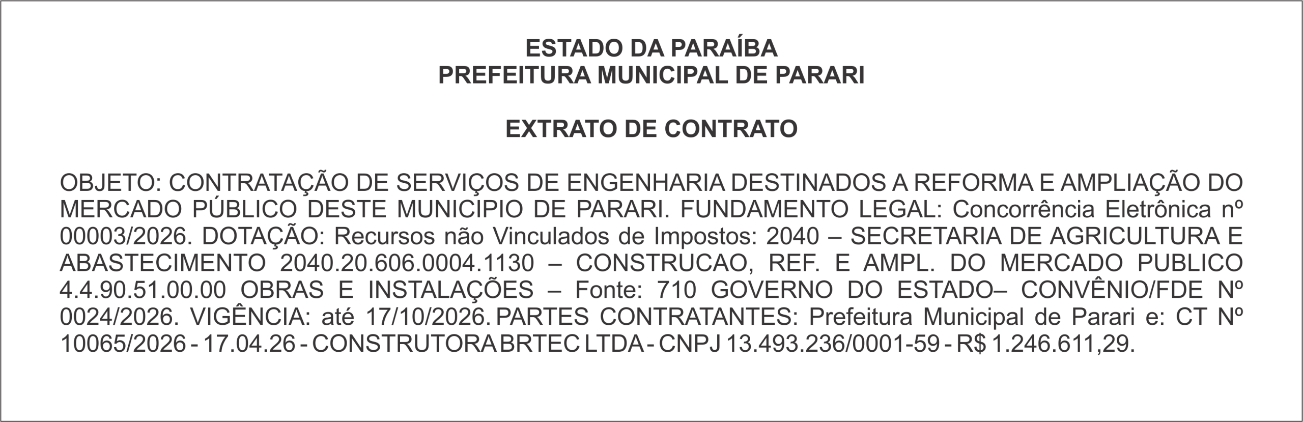 PREFEITURA MUNICIPAL DE PARARI – EXTRATO DE CONTRATO