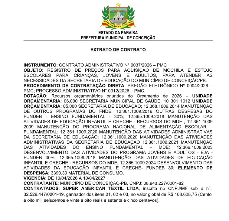 PREFEITURA MUNICIPAL DE CONCEIÇÃO – EXTRATO DE CONTRATO
