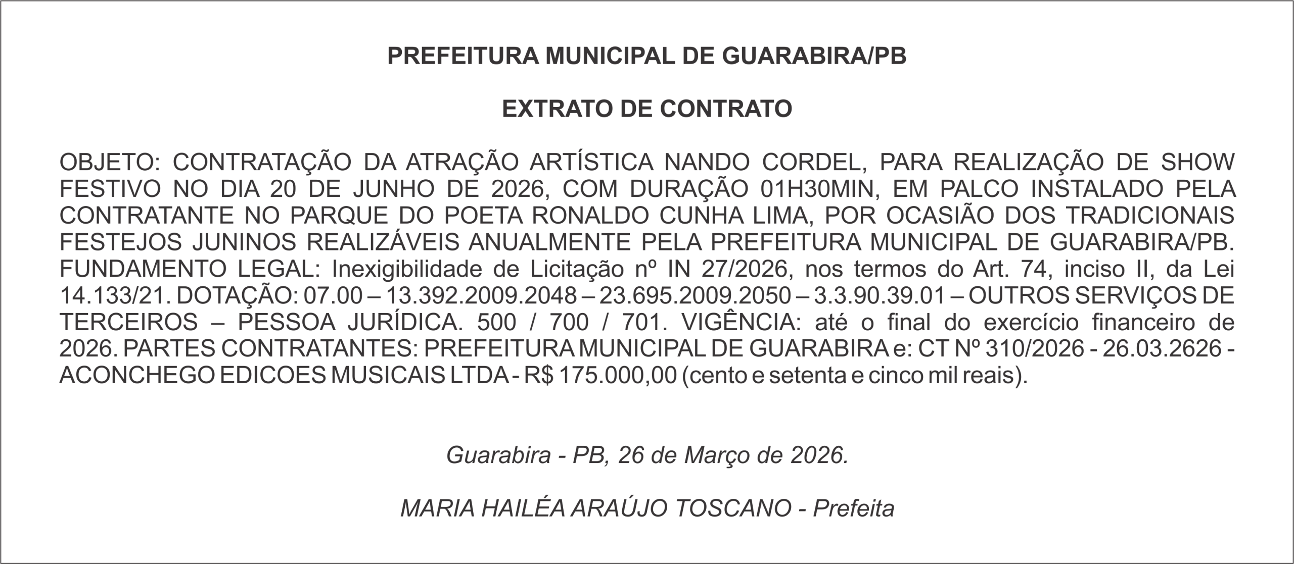 PREFEITURA MUNICIPAL DE GUARABIRA/PB – EXTRATO DE CONTRATO