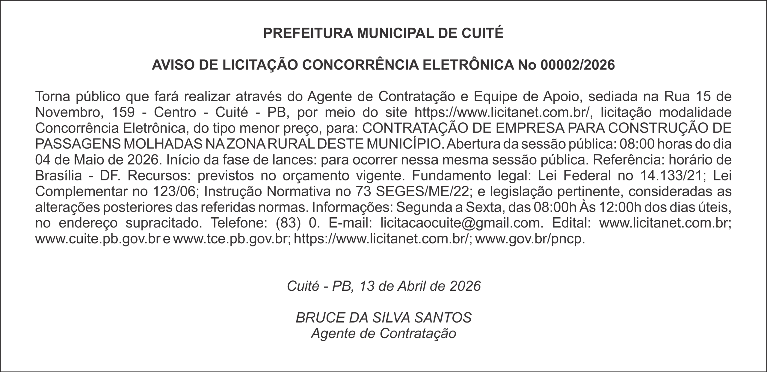 PREFEITURA MUNICIPAL DE CUITÉ  AVISO DE LICITAÇÃO CONCORRÊNCIA ELETRÔNICA No 00002/2026