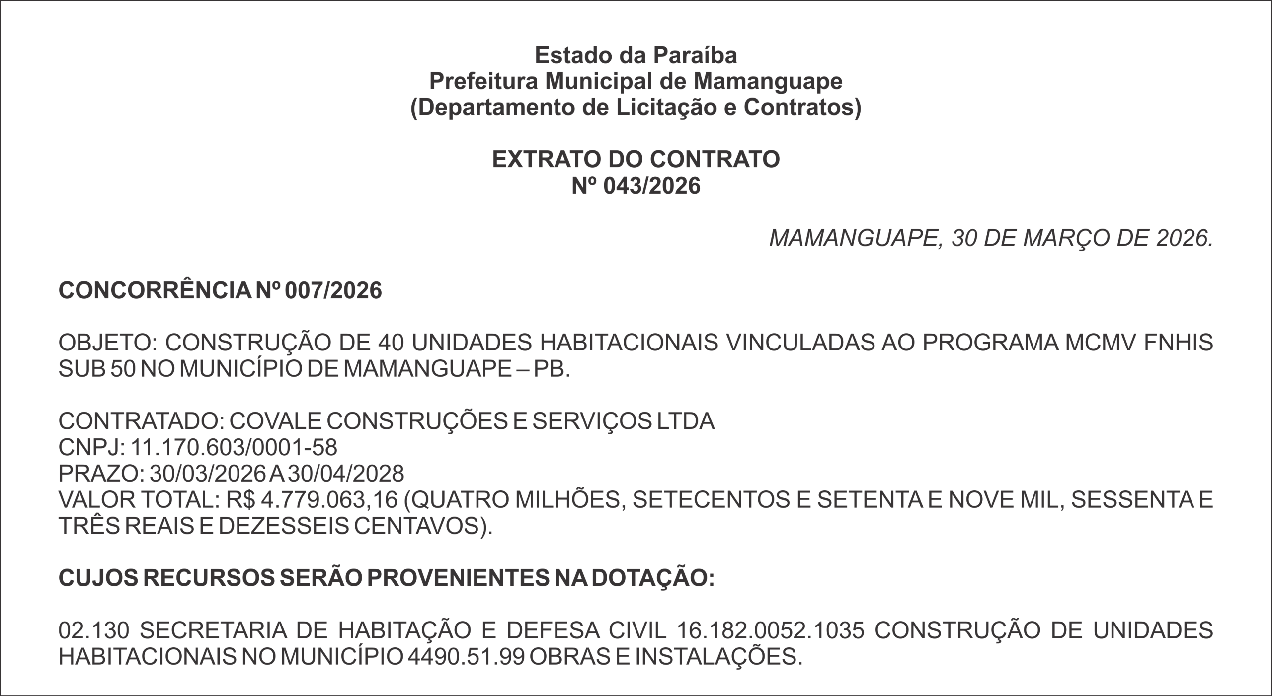 PREFEITURA MUNICIPAL DE MAMANGUAPE – EXTRATO DE CONTRATO