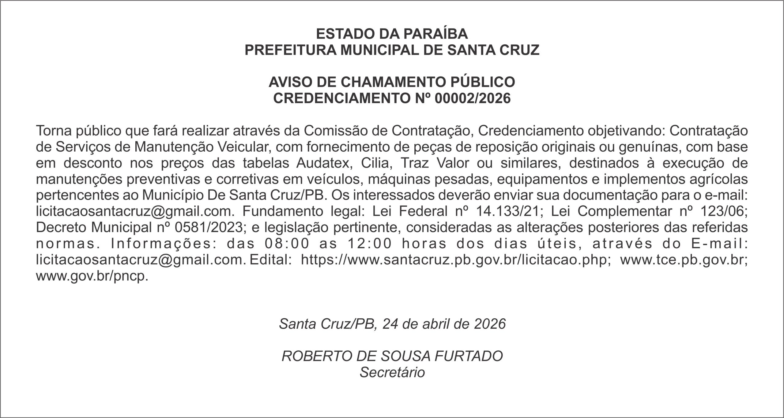 PREFEITURA MUNICIPAL DE SANTA CRUZ – AVISO DE CHAMAMENTO PÚBLICO CREDENCIAMENTO DE COMPRA Nº 00002/2026