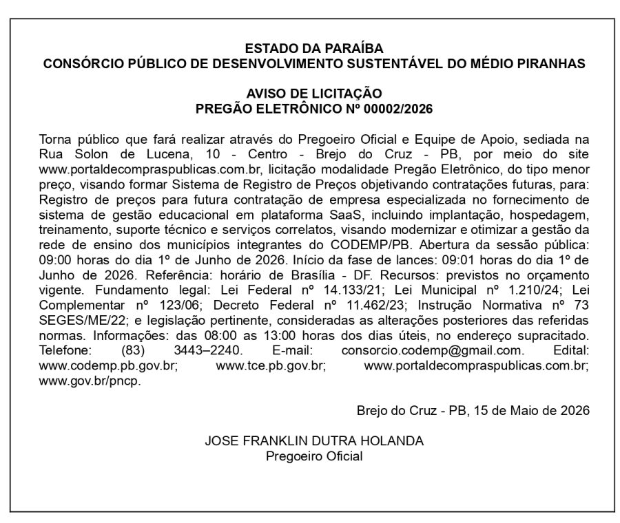 CONSÓRCIO PÚBLICO DE DESENVOLVIMENTO SUSTENTÁVEL DO MÉDIO PIRANHAS  – AVISO DE LICITAÇÃO – PREGÃO ELETRÔNICO Nº 00002/2026