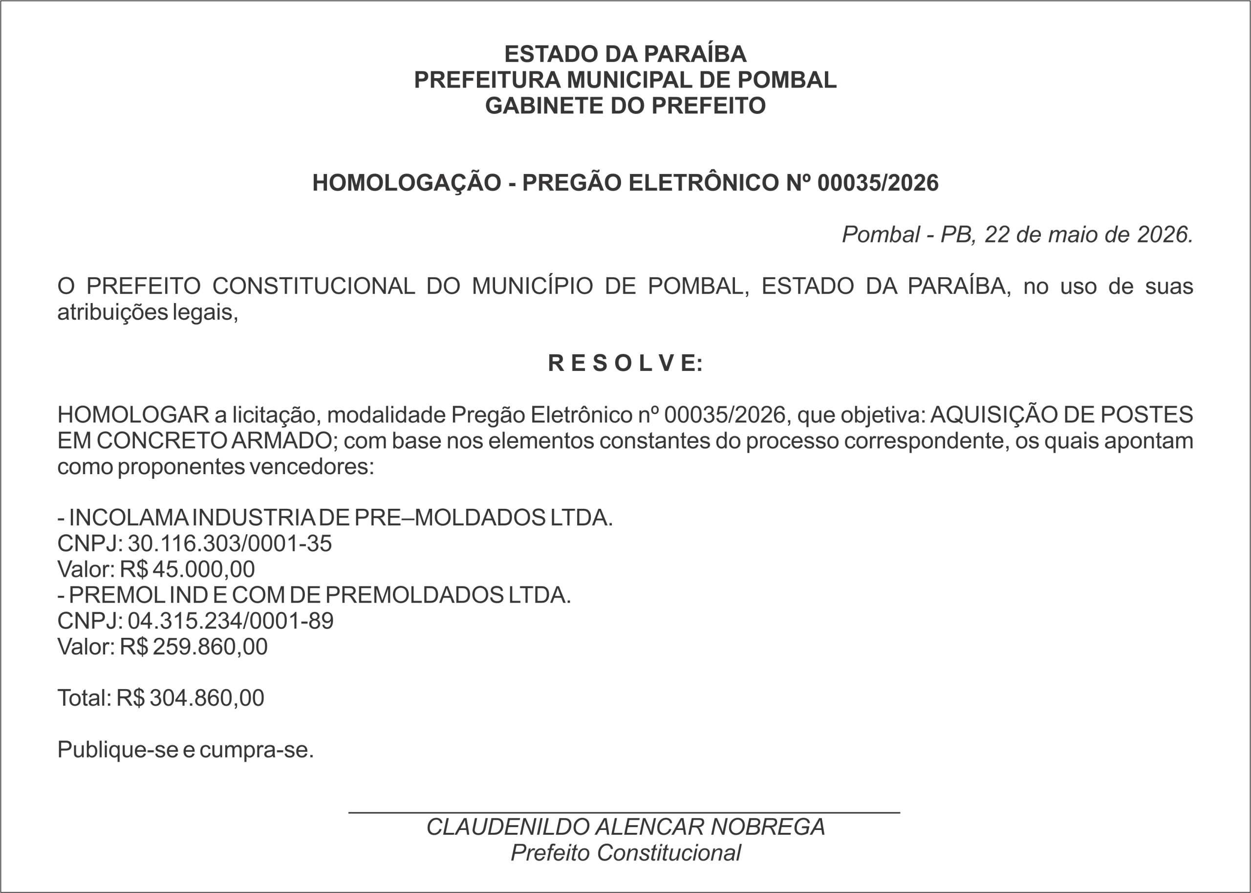 PREFEITURA MUNICIPAL DE POMBAL –  HOMOLOGAÇÃO – PREGÃO ELETRÔNICO Nº 00035/2026