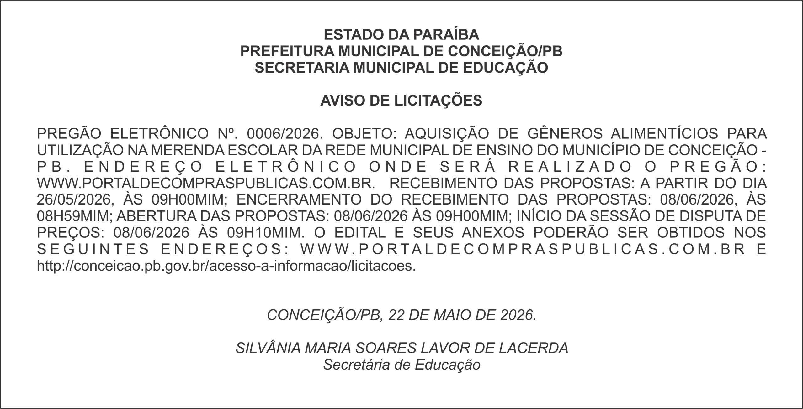 PREFEITURA MUNICIPAL DE CONCEIÇÃO/PB – AVISO DE LICITAÇÕES  PREGÃO ELETRÔNICO Nº. 0006/2026