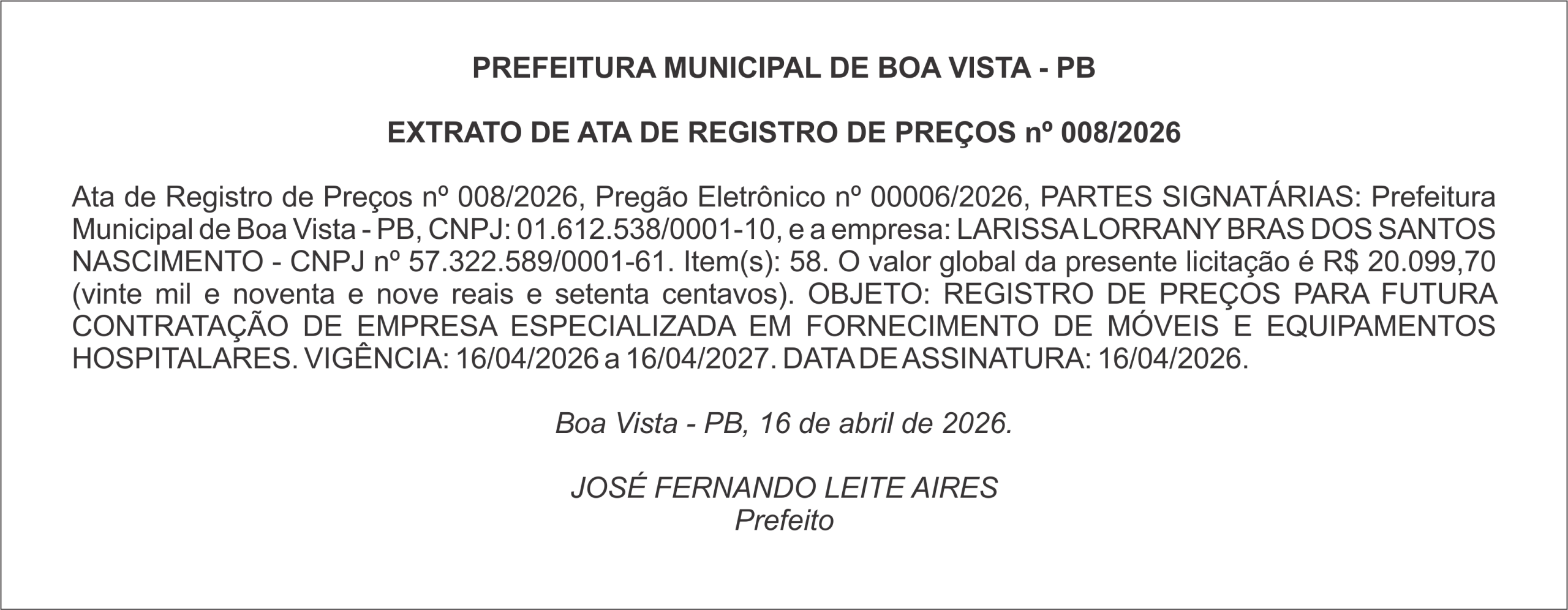 PREFEITURA MUNICIPAL DE BOA VISTA – PB – EXTRATO DE ATA DE REGISTRO DE PREÇOS nº 008/2026