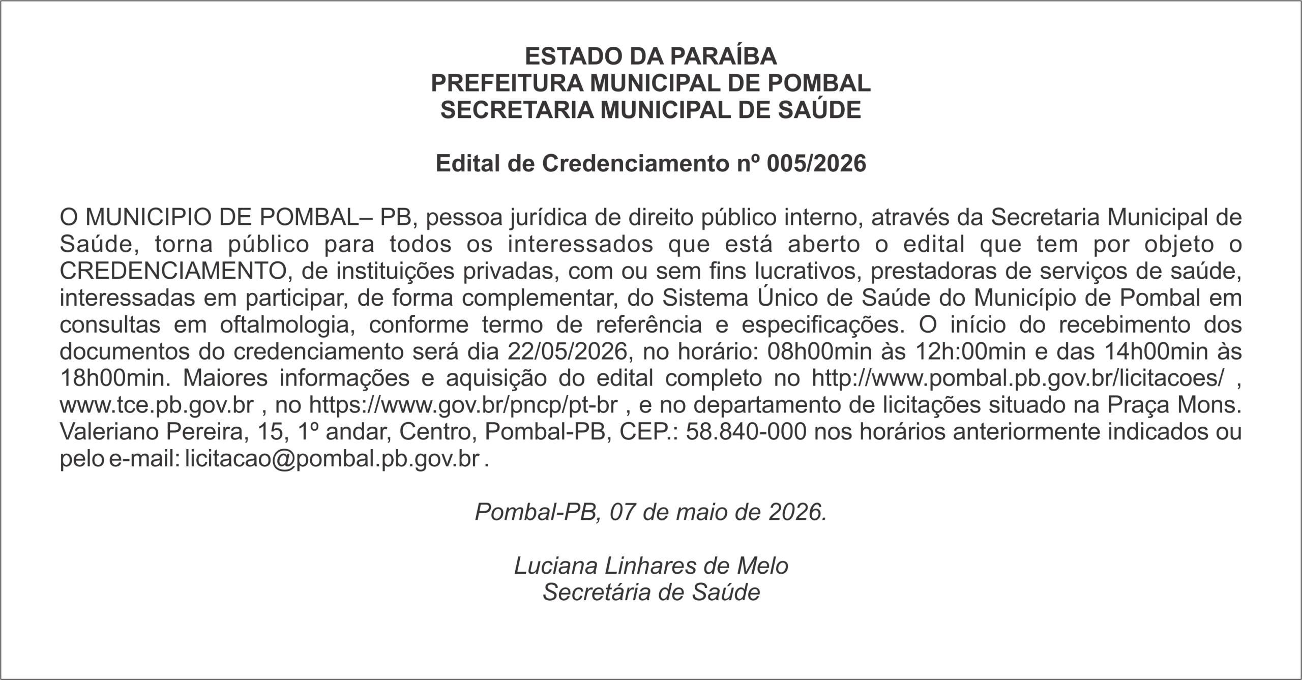 PREFEITURA MUNICIPAL DE POMBAL –  Edital de Credenciamento nº 005/2026
