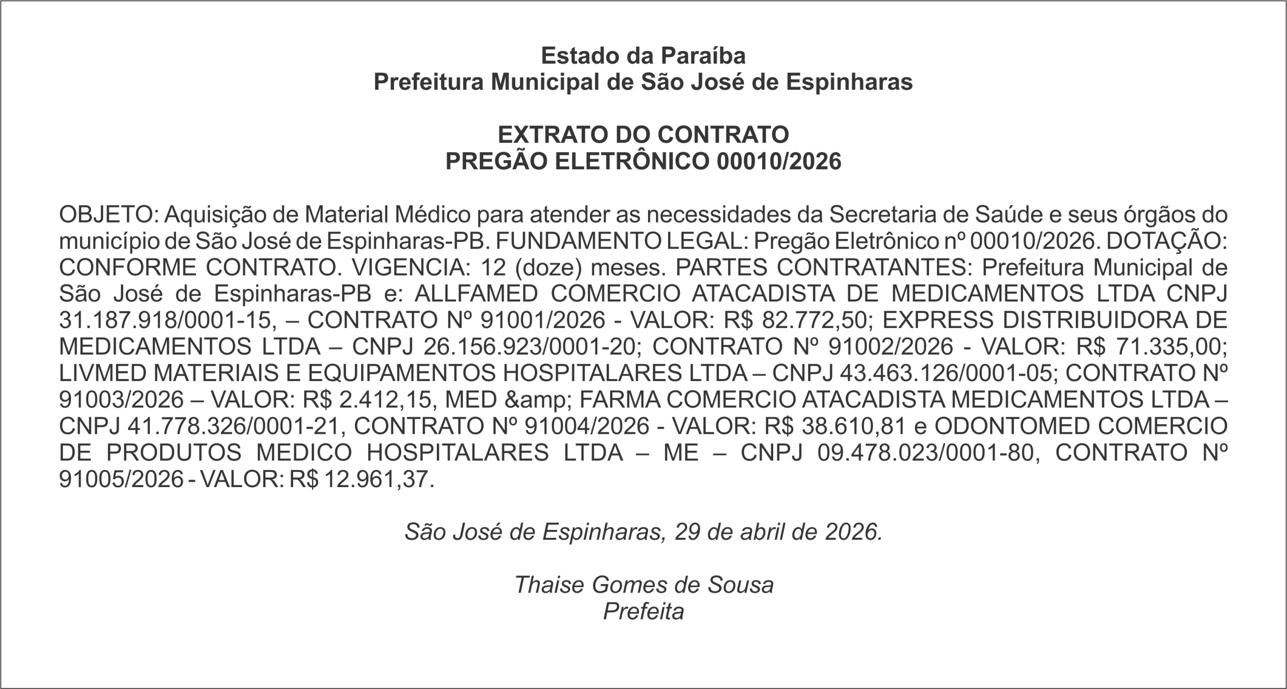 PREFEITURA DE SÃO JOSÉ DE ESPINHARAS – EXTRATO DO CONTRATO