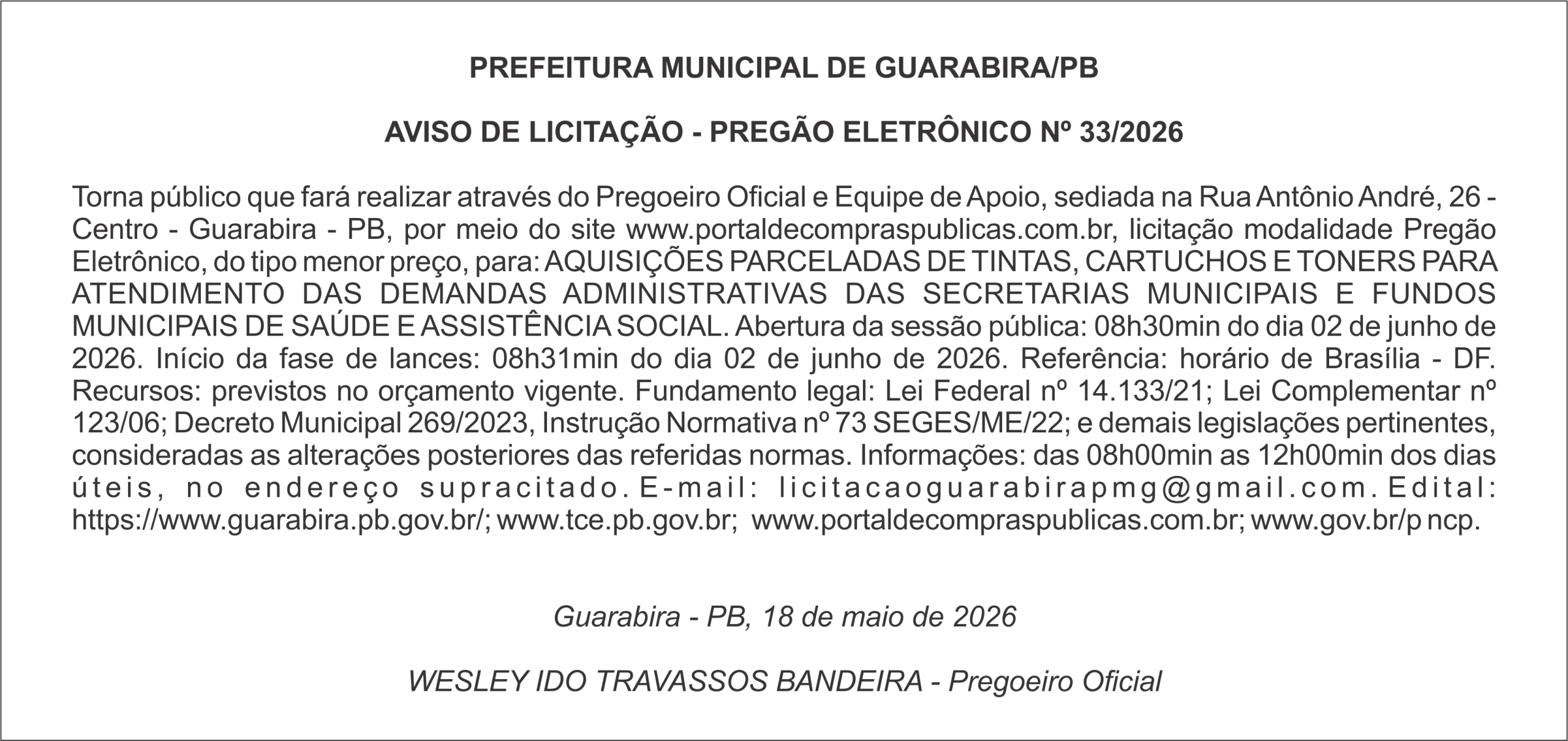 PREFEITURA MUNICIPAL DE GUARABIRA/PB – AVISO DE LICITAÇÃO – PREGÃO ELETRÔNICO Nº 33/2026