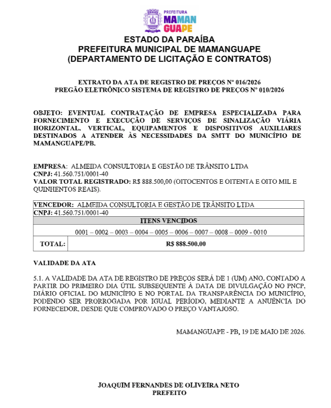 PREFEITURA MUNICIPAL DE MAMANGUAPE – EXTRATO DA ATA DE REGISTRO DE PREÇOS Nº 016/2026