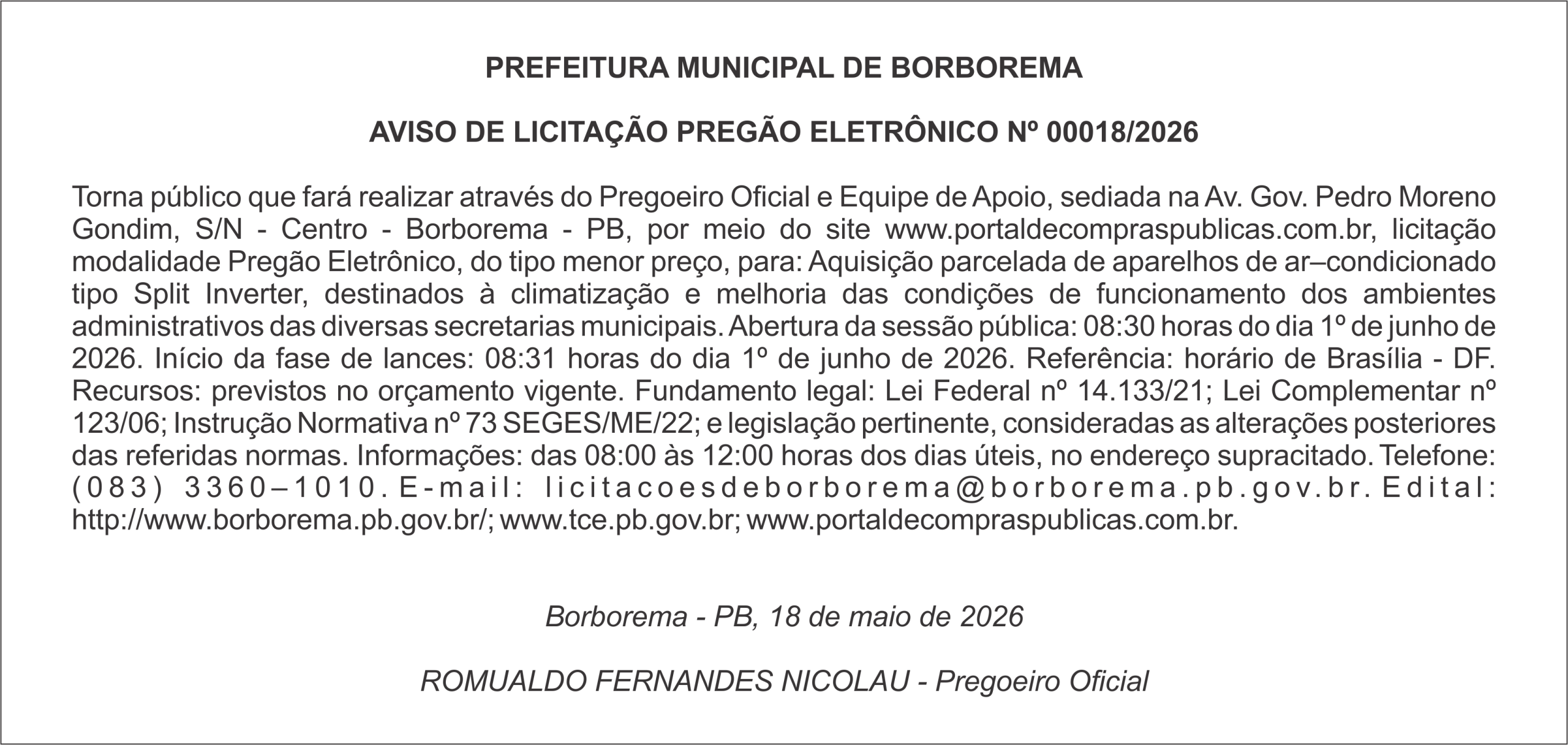 PREFEITURA MUNICIPAL DE BORBOREMA – AVISO DE LICITAÇÃO PREGÃO ELETRÔNICO Nº 00018/2026