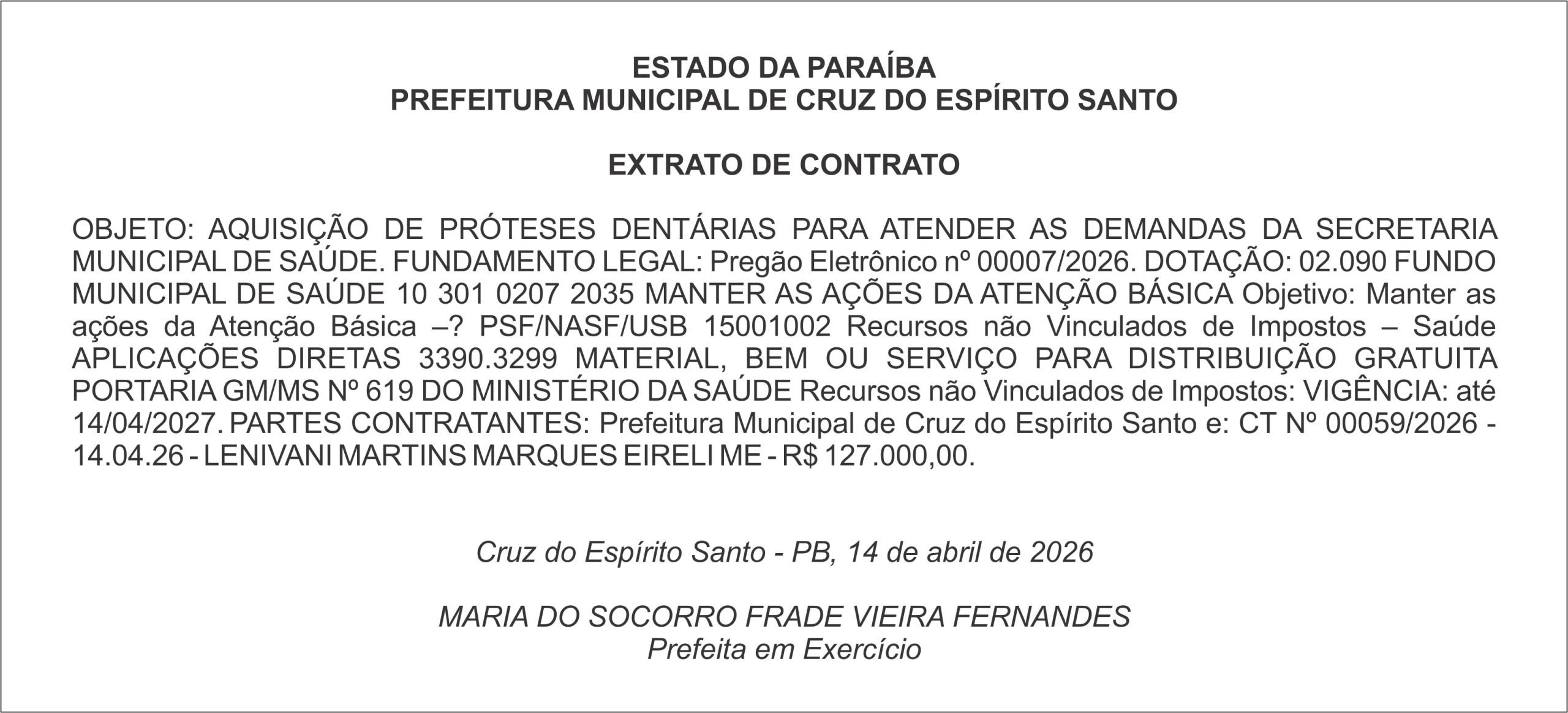 PREFEITURA MUNICIPAL DE CRUZ DO ESPÍRITO SANTO – EXTRATO DE CONTRATO