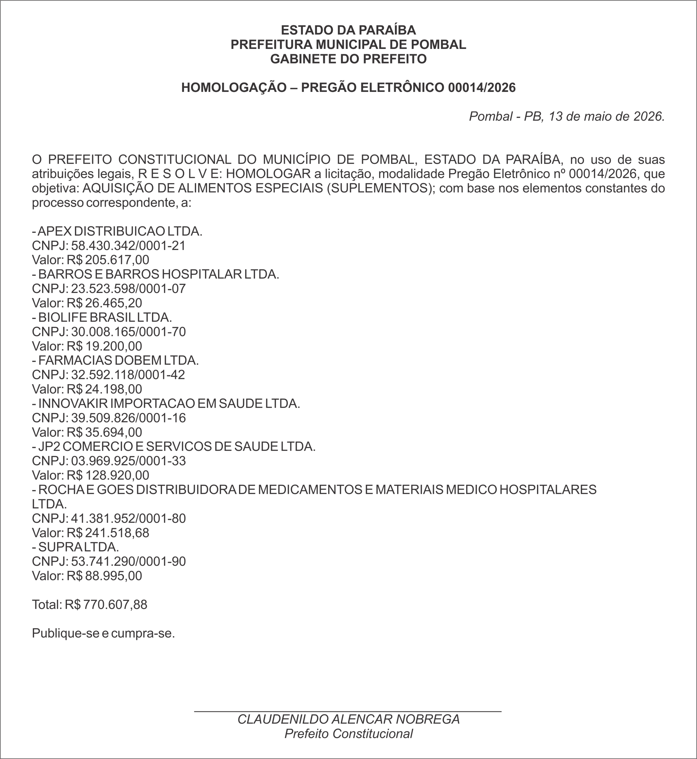 PREFEITURA MUNICIPAL DE POMBAL – HOMOLOGAÇÃO – PREGÃO ELETRÔNICO 00014/2026