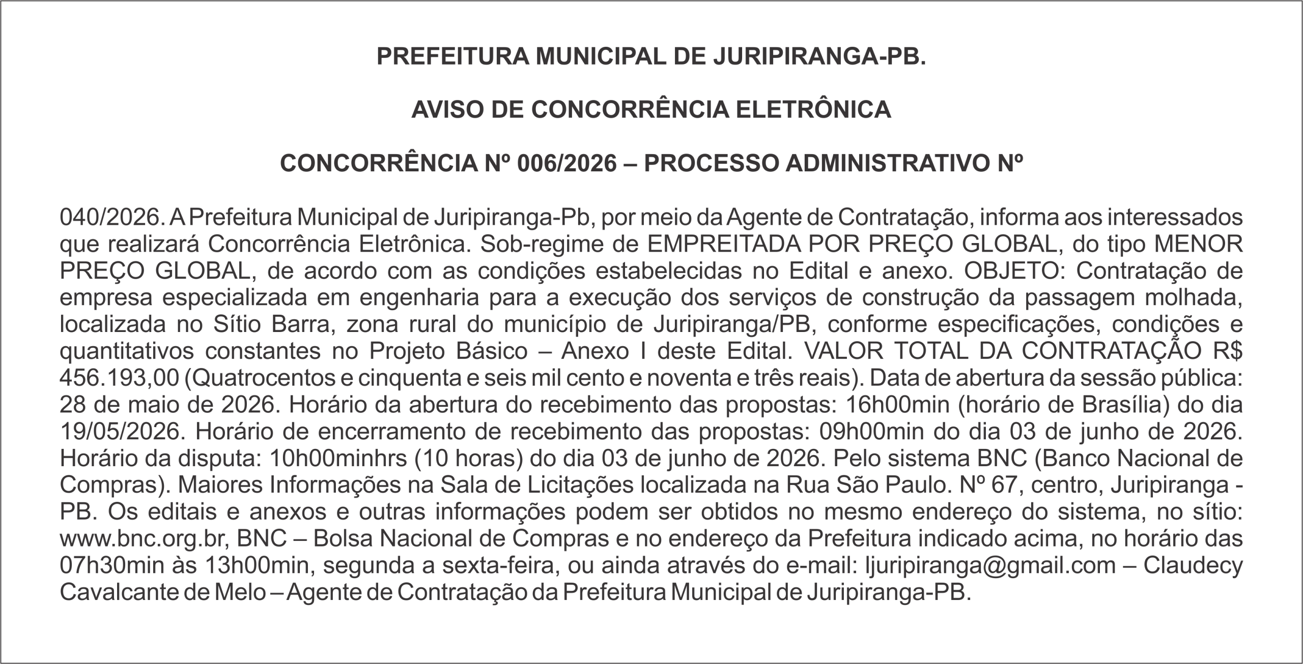 PREFEITURA MUNICIPAL DE JURIPIRANGA-PB – AVISO DE CONCORRÊNCIA ELETRÔNICA