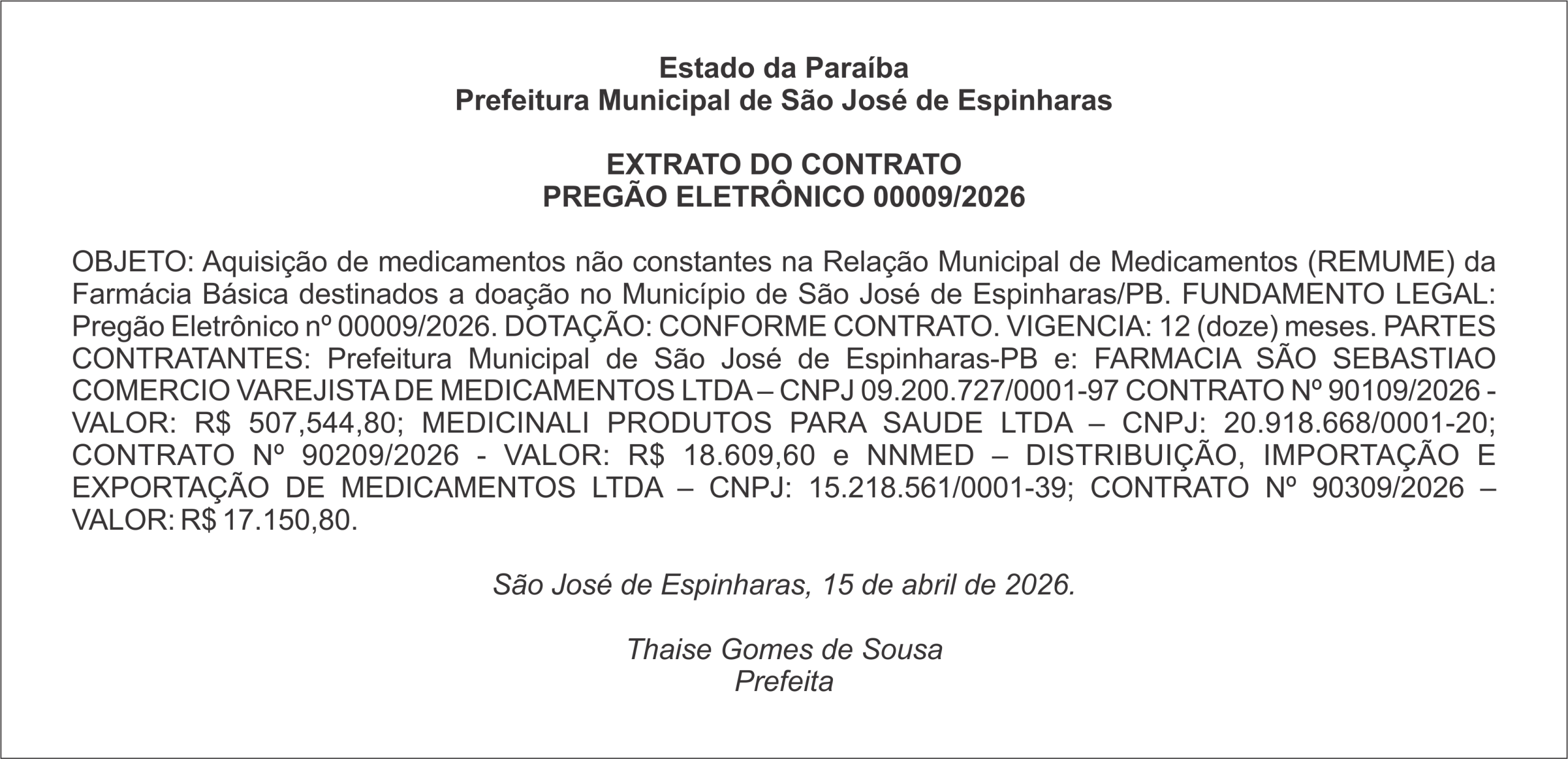 PREFEITURA DE SÃO JOSÉ DE ESPINHARAS – EXTRATO DO CONTRATO