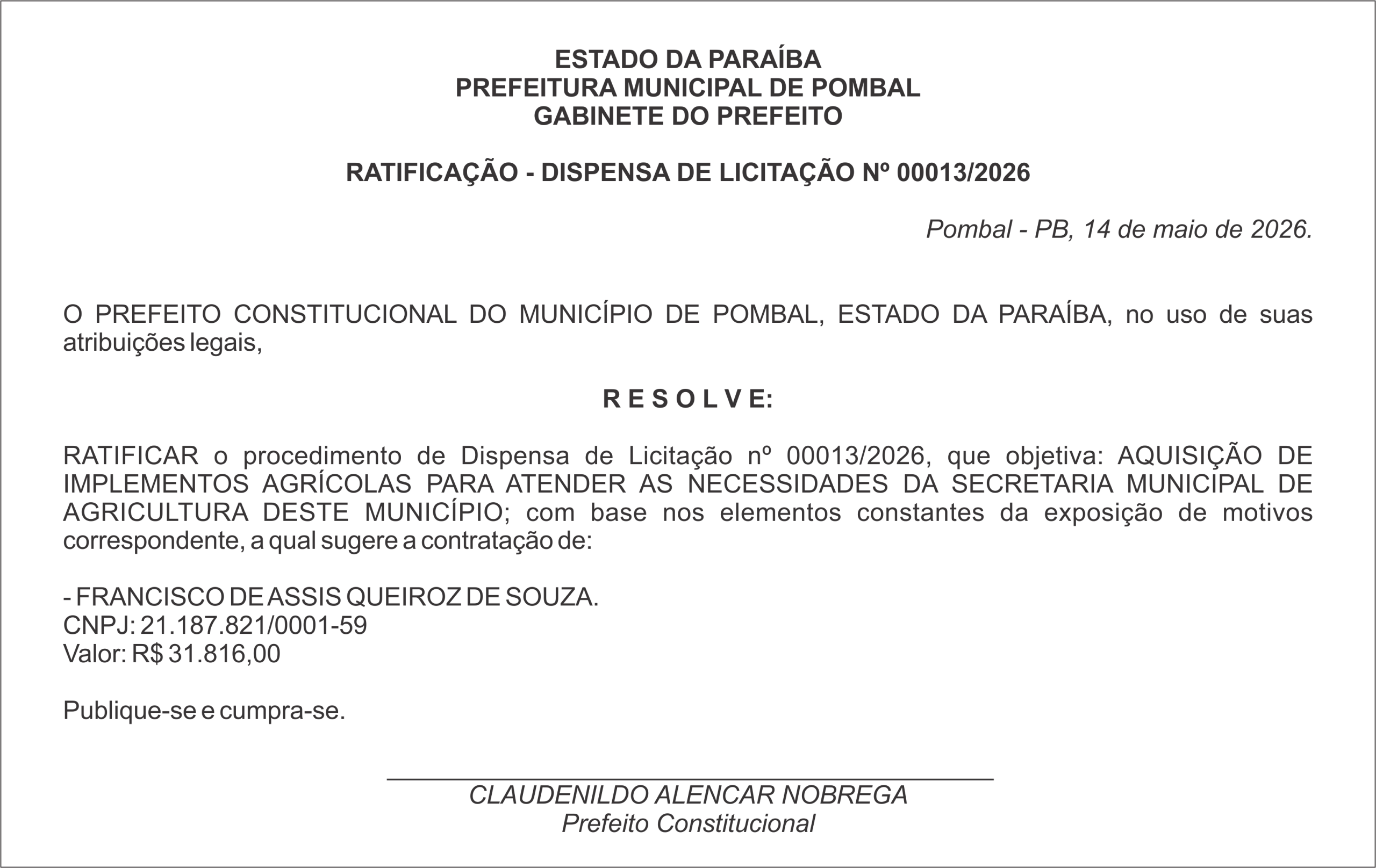 PREFEITURA MUNICIPAL DE POMBAL –  RATIFICAÇÃO – DISPENSA DE LICITAÇÃO Nº 00013/2026