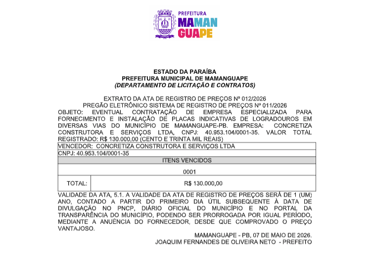 PREFEITURA MUNICIPAL DE MAMANGUAPE – EXTRATO DA ATA DE REGISTRO DE PREÇOS Nº 012/2026