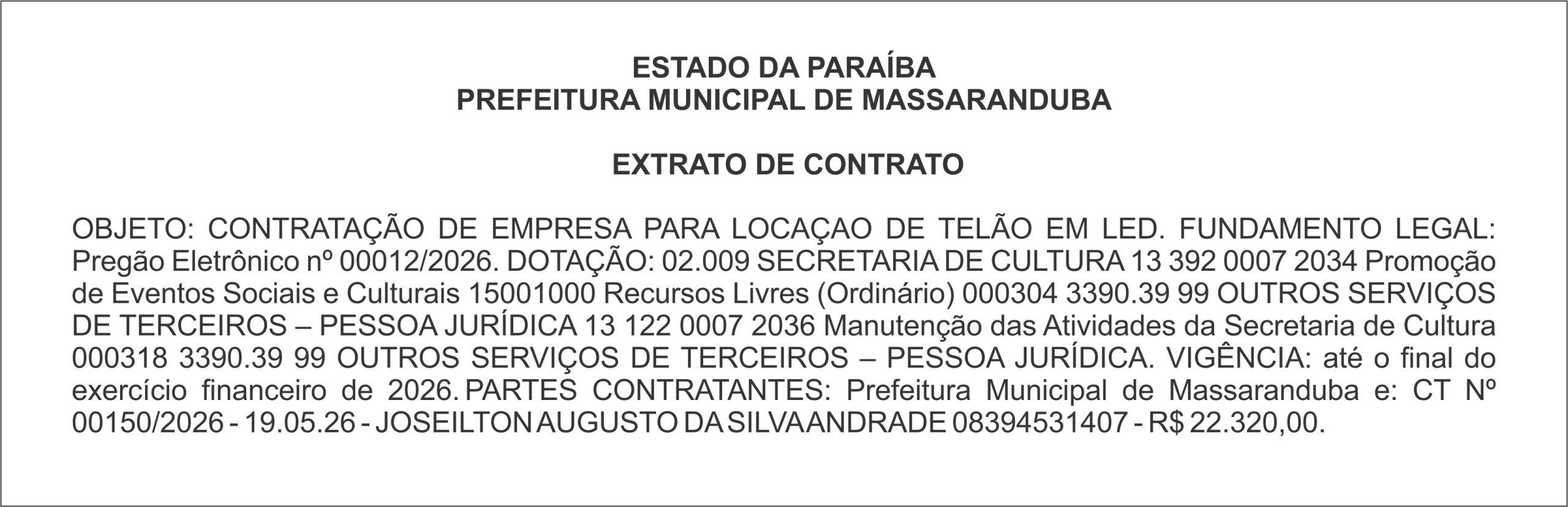 PREFEITURA MUNICIPAL DE MASSARANDUBA – EXTRATO DE CONTRATO